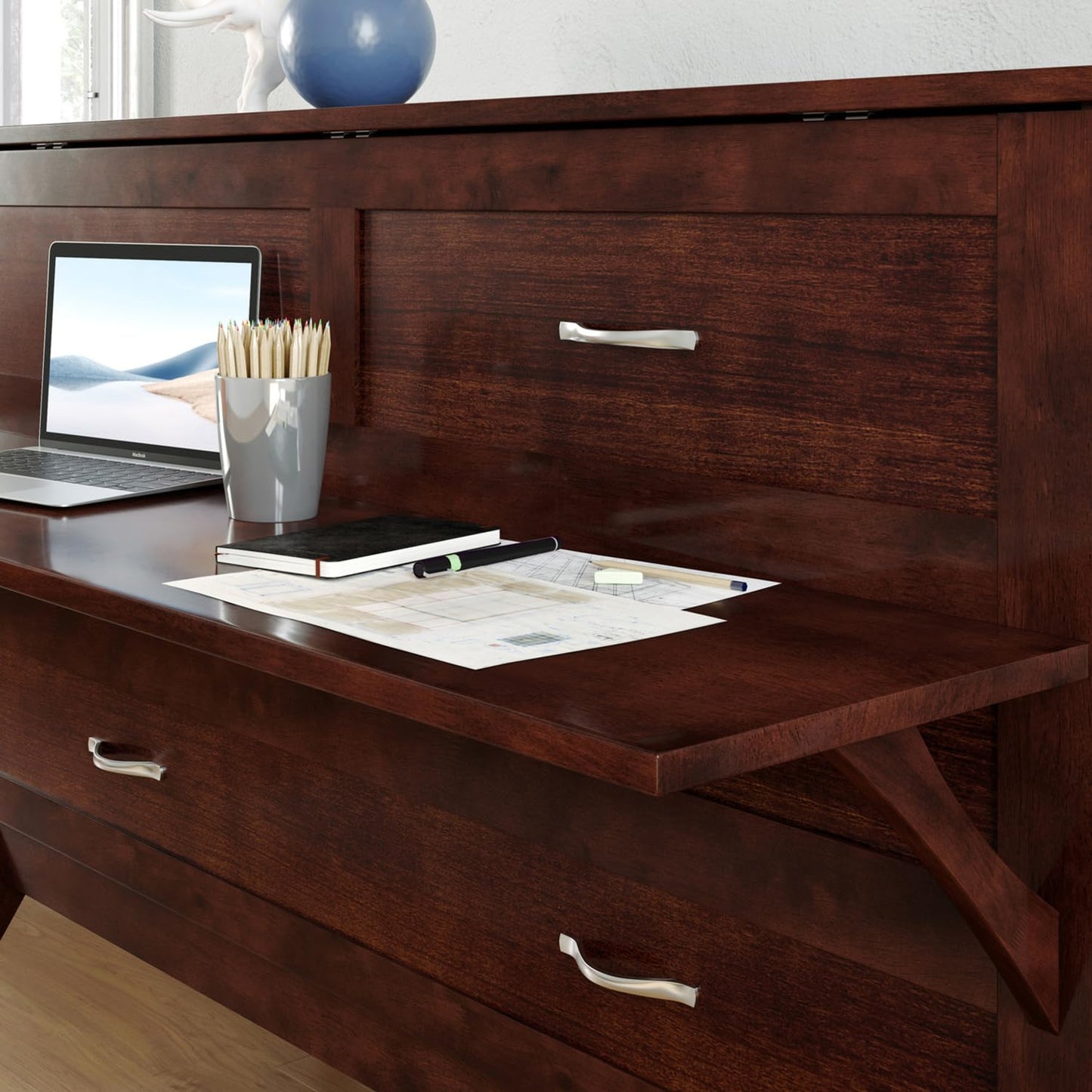 HomeStock Full Murphy Bed Desk with 6" Mattress & Built in Charger in Walnut