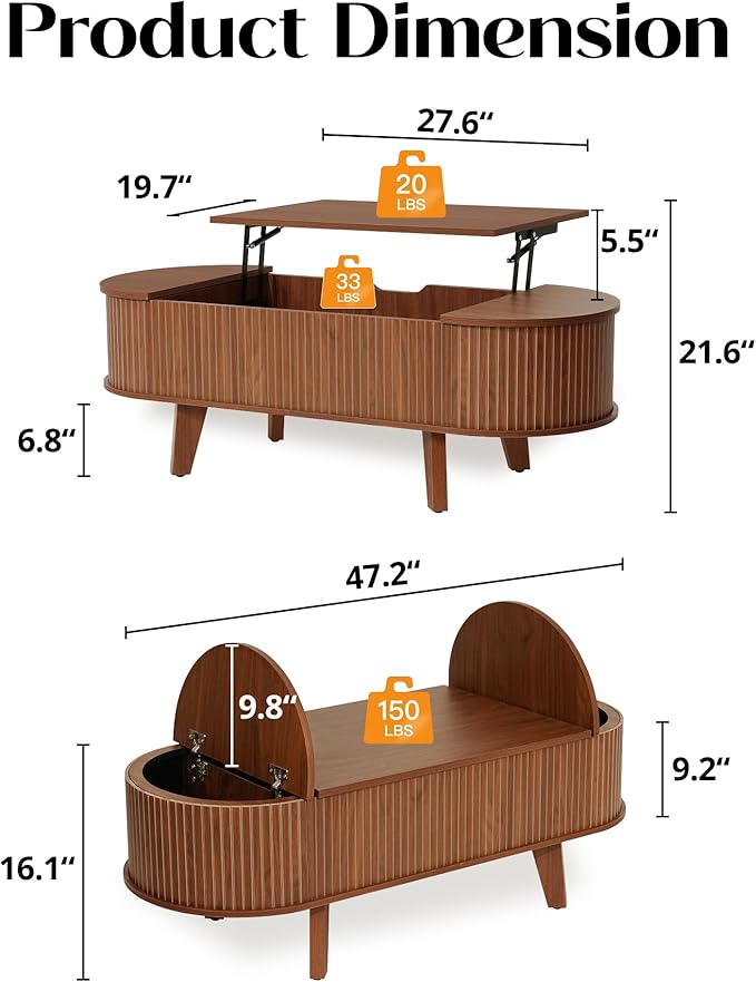 Fluted Oval Lift Top Coffee Table