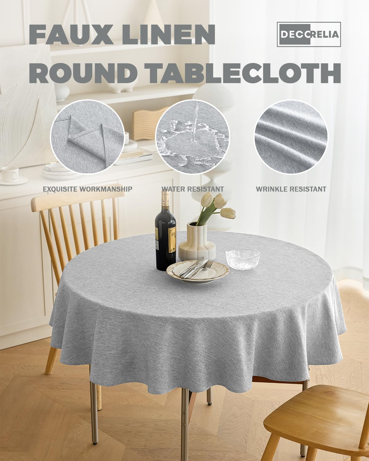 Decorelia Linen Texture Round Tablecloths 60 Inch, Decorative Waterproof Farmhouse Table Cloth Anti-Scratch Soft Cover for Holiday, Banquet,Dining& Kitchen Table (60 Inch,Round (2-4 Seats), Cool Grey)
