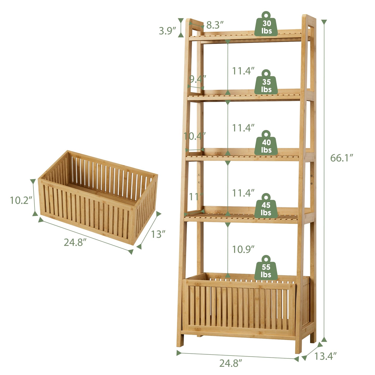 Bamjoy Bamboo Ladder Shelf, Bookshelf with 4 Display Shelves and 1 Open Storage Basket, Multifunctional Storage Rack Organizer for Home Office, Bedroom, Living Room, 66” H Natural