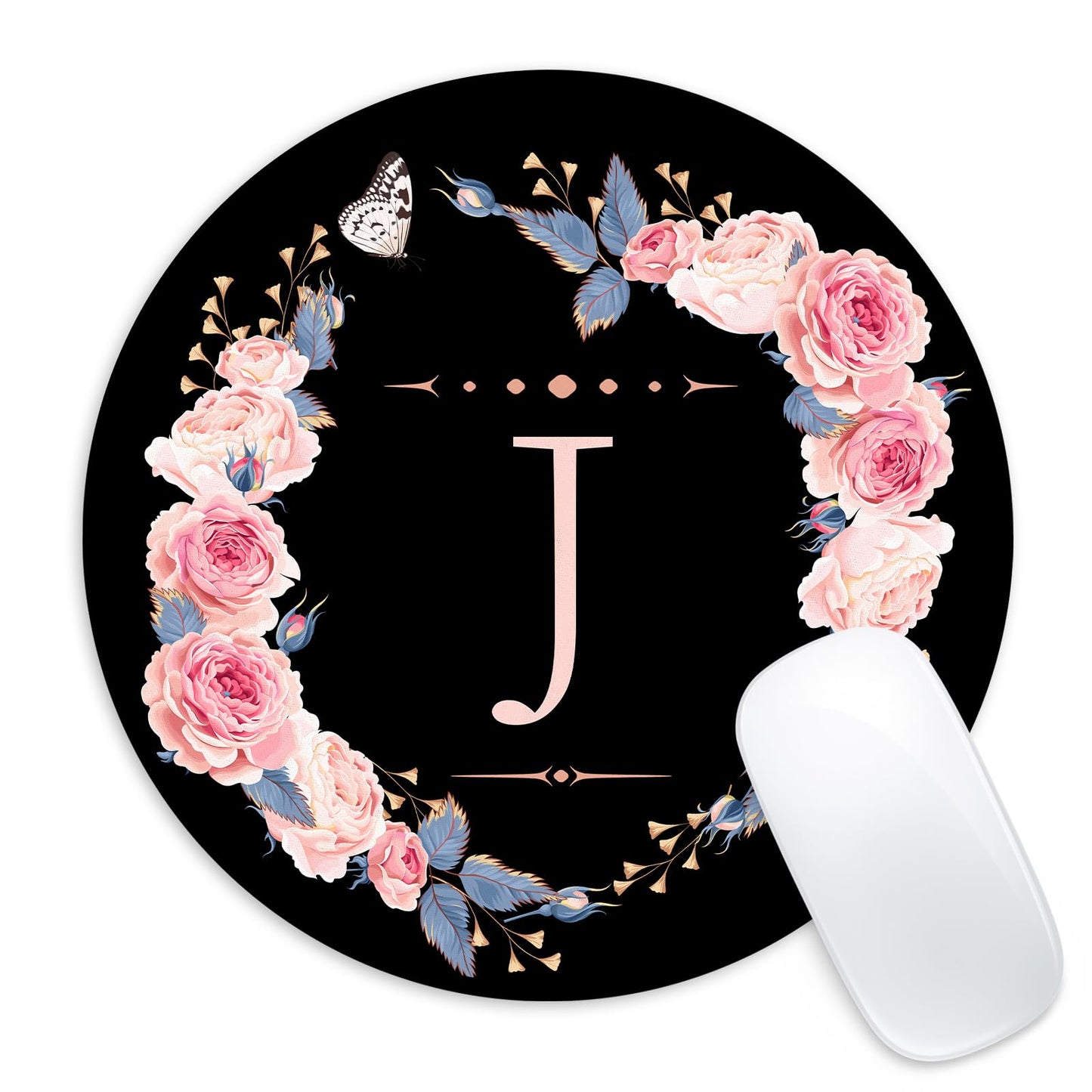 Letter J Black and Pink Flowers Round Mouse Pad, Funny Small Mouse Mat with Non-Slip Rubber Base, Home Office Decor Desk Accessory, 8.7 inch Round