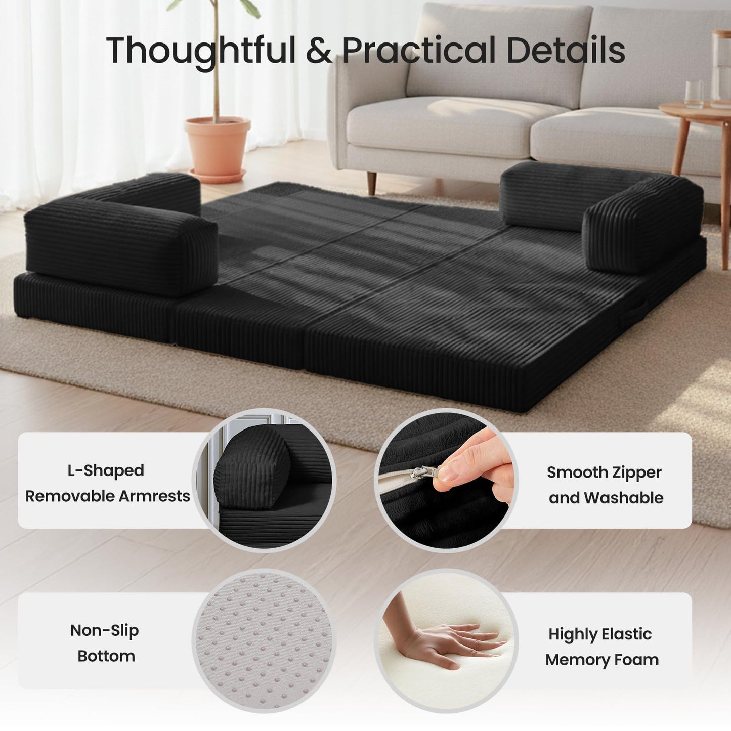 AOLVDOW Tri-Fold Foldable Mattress, Convertible Folding Sofa Bed with Removable Arms & Washable Cover, All-in-One Portable Mattress Floor Sofa Bed, No Assembly Required & Non-Slip, Full Size, Black