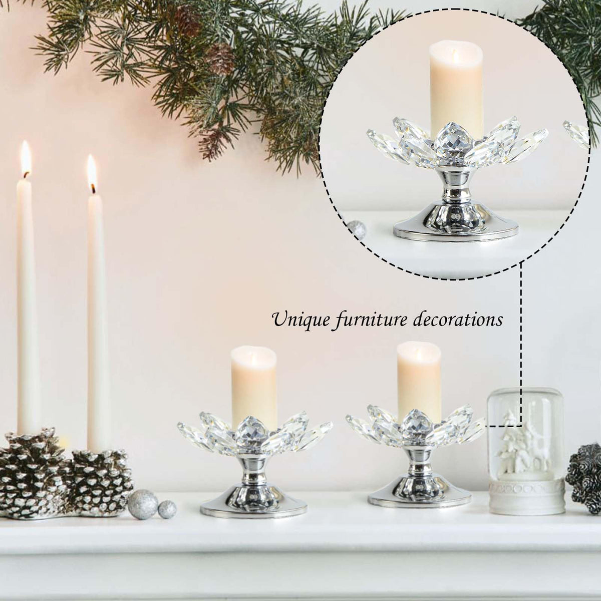 2 PCS Silver Crystal Flower Tea Light Holder, Glass Tealight Candlestick with Metal Base, Votive Candle for Table Centerpiece, Wedding, Parties Decor, Nice Gift