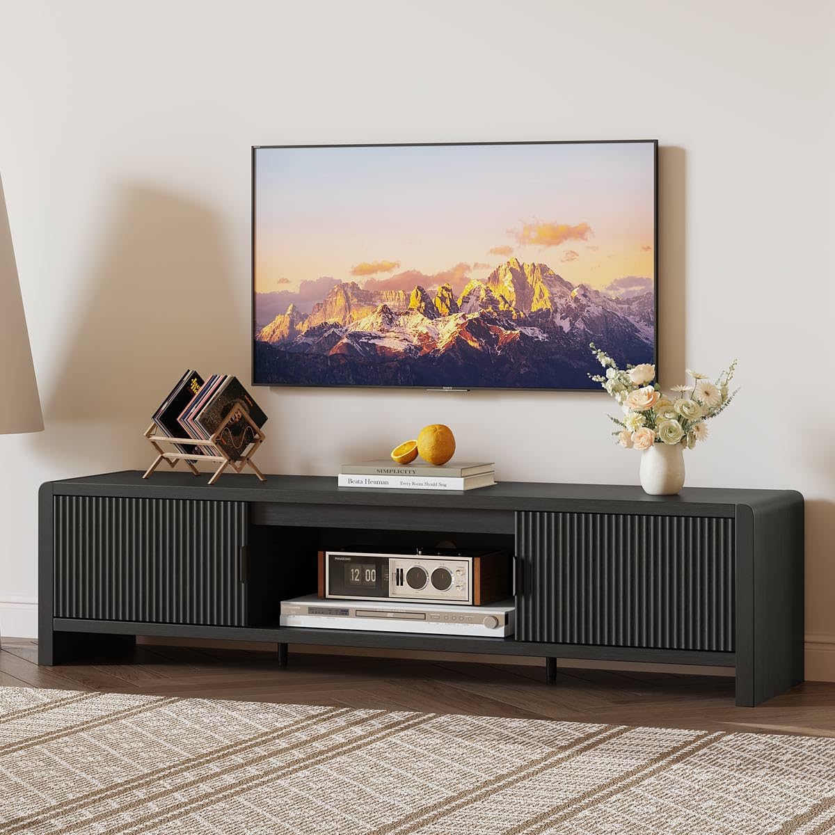 FATORRI TV Stand for 75/65/55 Inch TVs, Mid Century Modern Entertainment Center with Storage, Wooden Television Media Console Cabinet with Fluted-Door for Living Room, Bedroom (63 Inch W, Black)