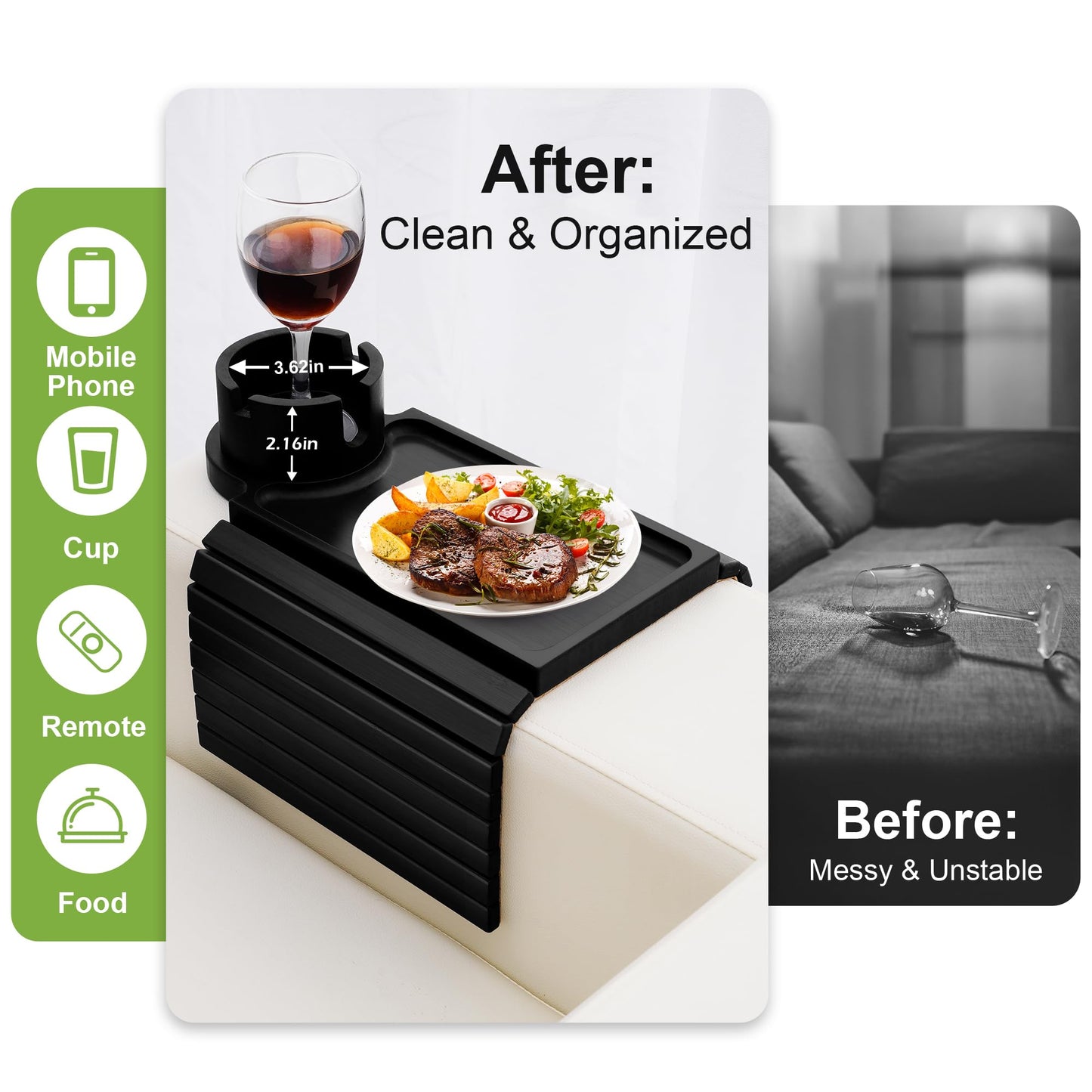 aisongdong Couch Cup Holder Tray - 3 in 1 Sofa Arm Tray with 360° Rotating Cup Holder & Phone Stand,Fits Various Couches Arm Widths - Anti-Slip Foldable Couch Arm Tray for Snacks, Cellphone Remote
