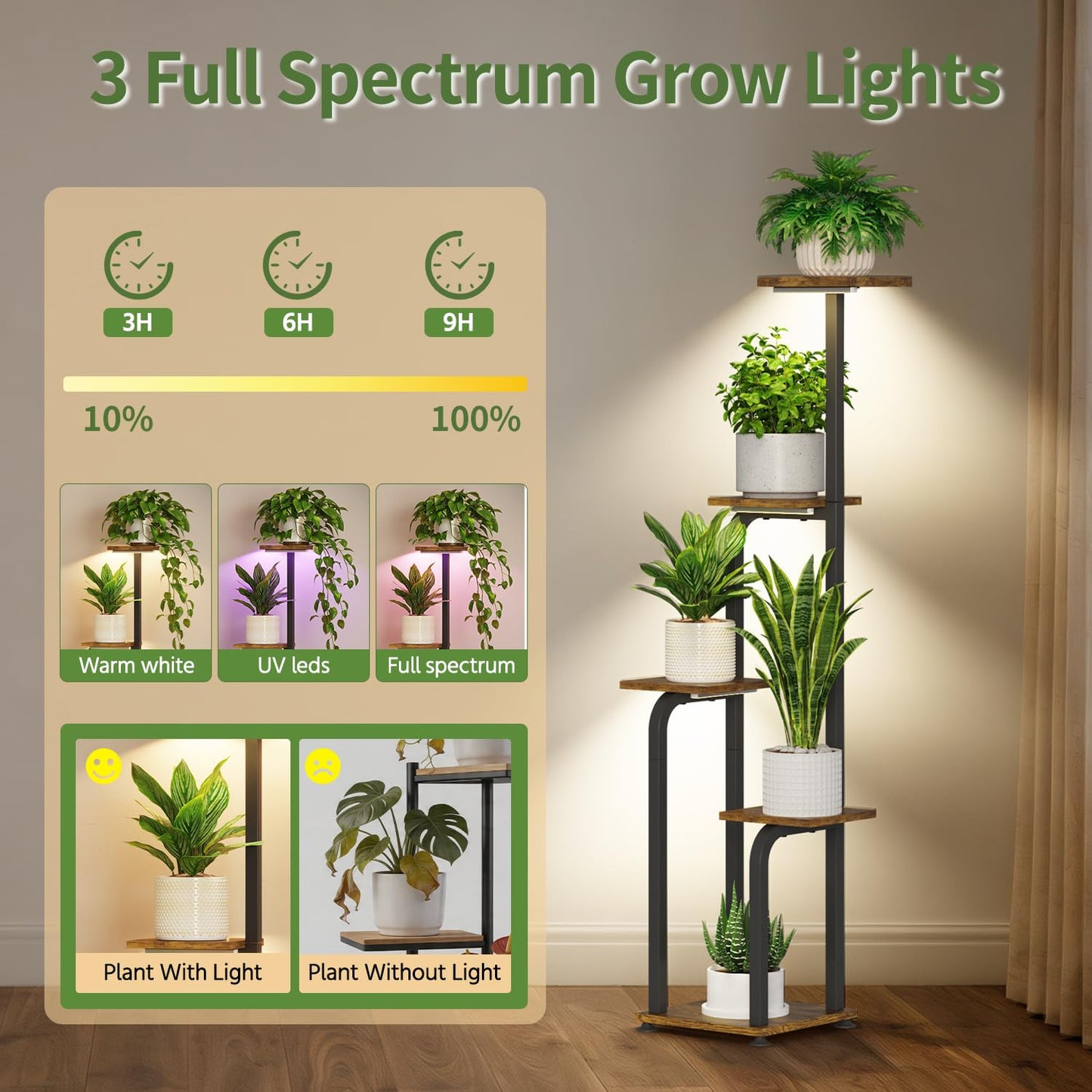 LASZOLA 5 Tiered Plant Stand Tall for Indoor Corner with Grow Lights, Modern Multiple Flower Display Rack with Wooden Tray, Vertical Planter Shelf for Living Room Bedroom Patio Garden Balcony, Black