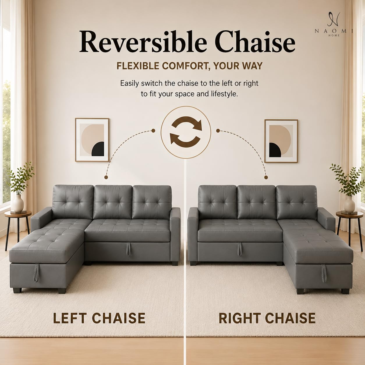 Naomi Home L Shaped Sectional Couch with Storage & Pull Out Bed – 3-in-1 Convertible Sleeper Sofa Bed, Small L Shape Sofa for Living Room, Sofa Bed with Storage Chaise in Gray, Air Leather