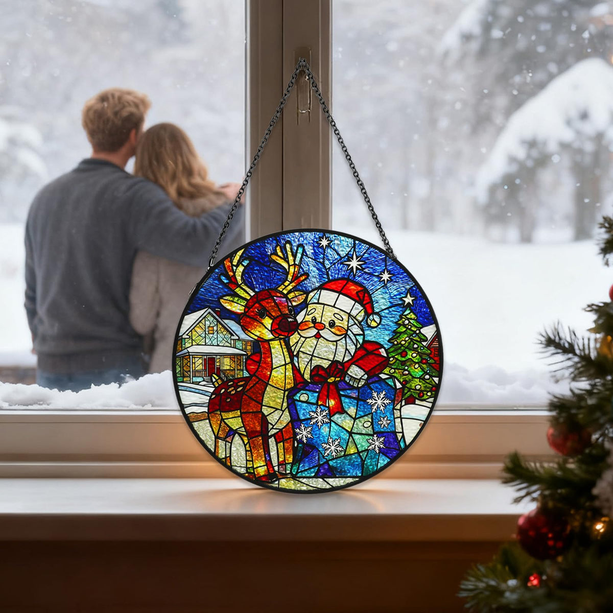 Stained Glass Window Hanging, Cross Suncatcher for Window Decor (Red)