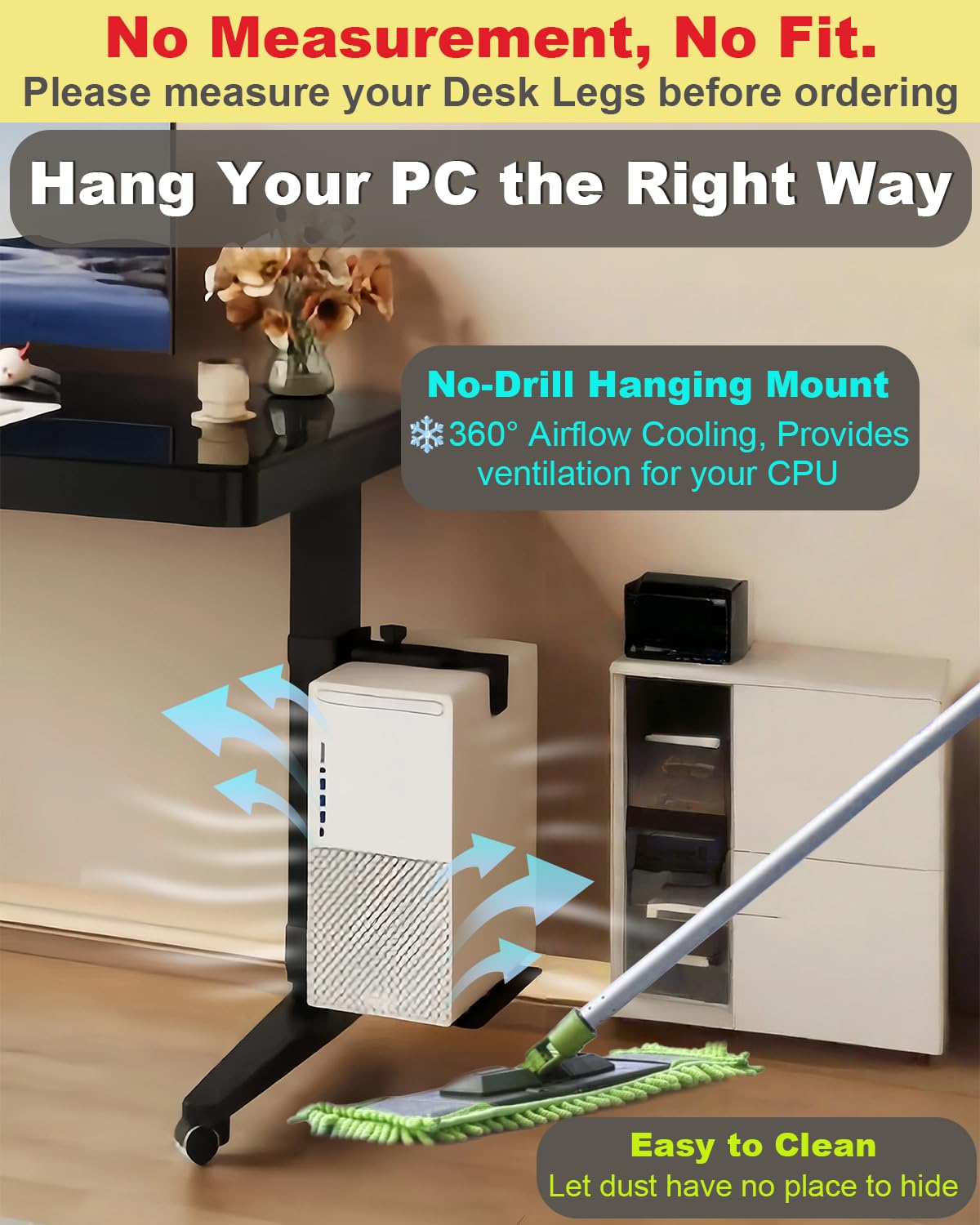 Under Desk PC Mount - No Drilling 40 lb Capacity, CPU Holder Under Desk, Adjustable Height and Width, Clamp-on Desk Leg PC Mount for Standing Desk (Fits 80mm×50mm Legs only), with Non-Slip Pads, White