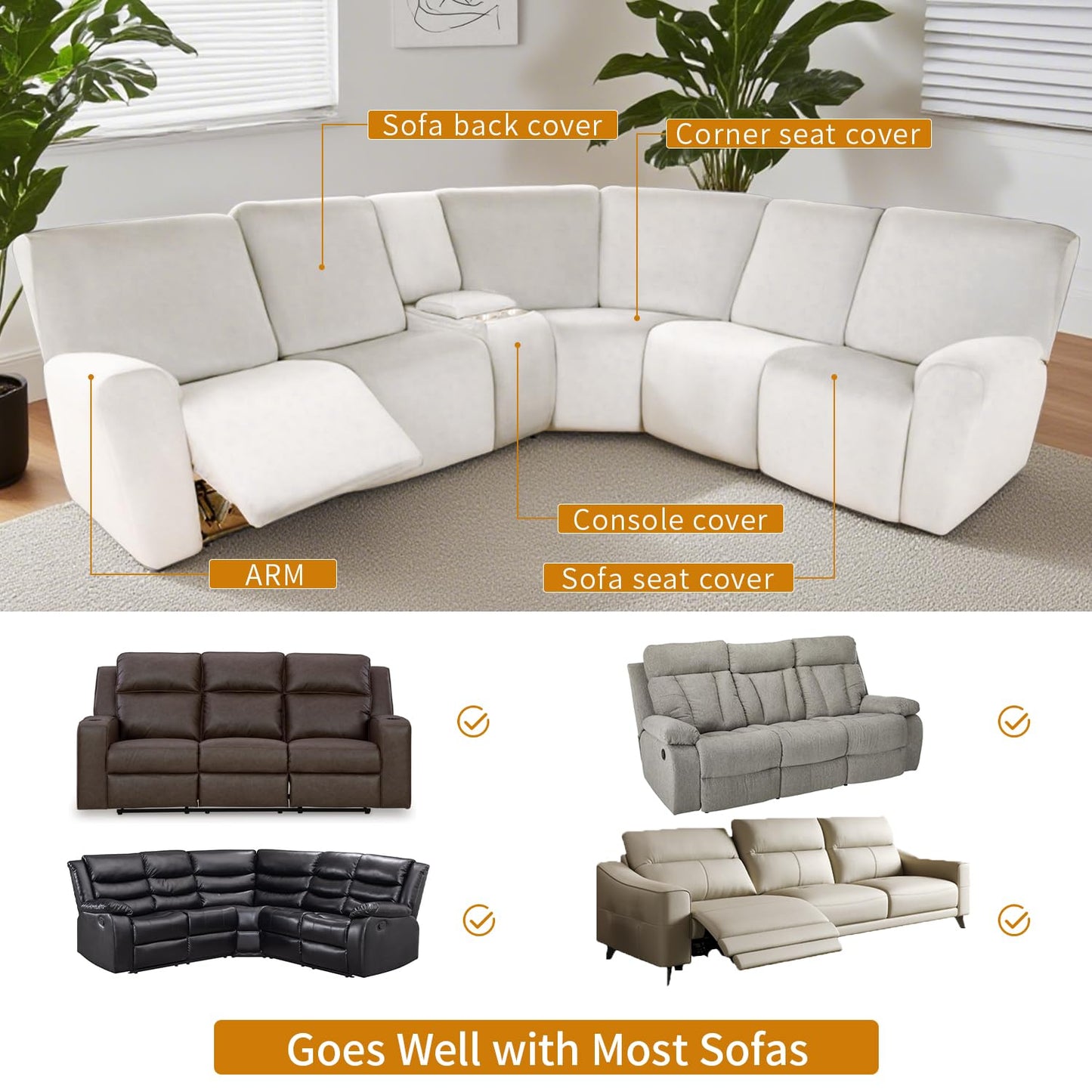 HDCAXKJ Reclining Sectional Couch Covers Velvet L Shaped Sectional Sofa Cover Washable Stretch Soft Corner Recliner Slipcover with Non-Slip Elastic Bottom (5 Seat and 2 Middle Console, Cream)
