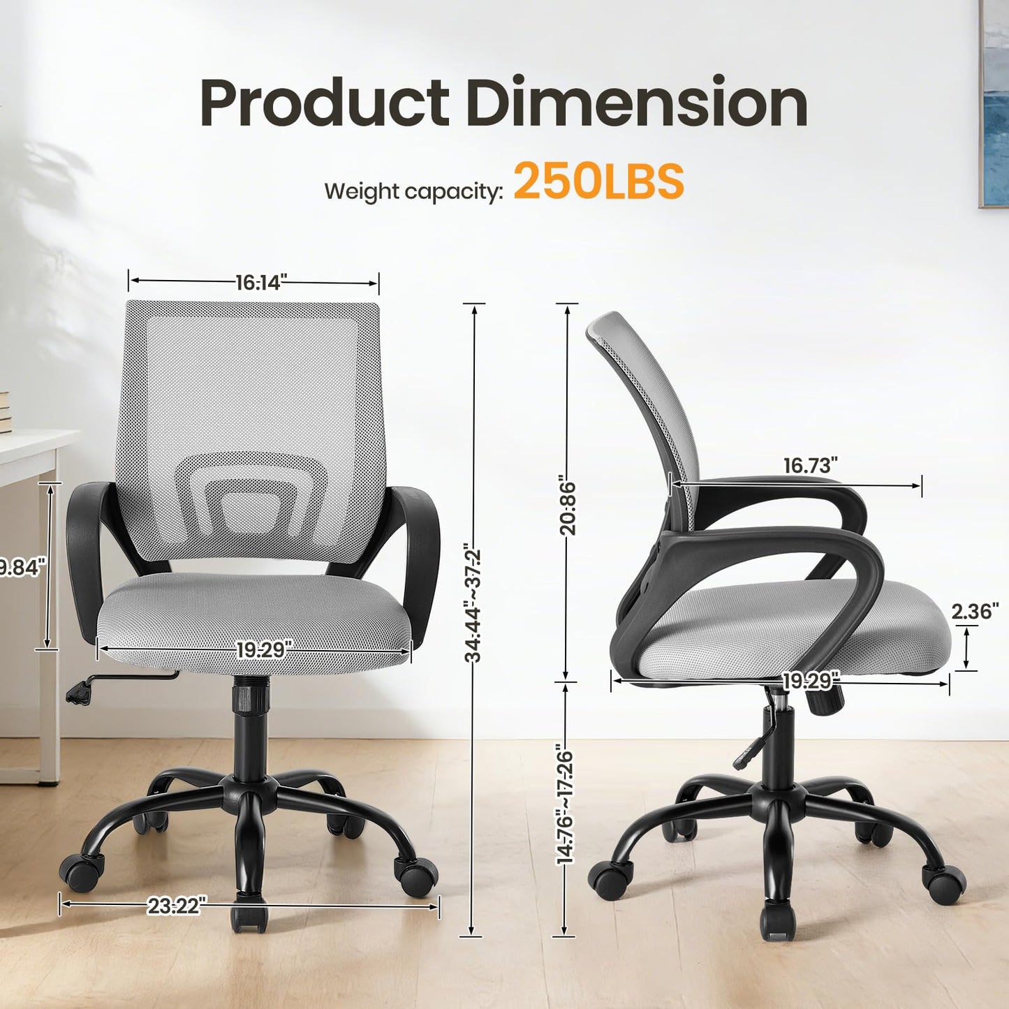 OLIXIS Office Desk Chair - Ergonomic Mid Back with Lumbar Support & Rocking Mode, Height Adjustable with Fixed Armrest, for Home, Computer, Gaming, Conference, Meeting Room, 360° Swivel, Grey, 2 Pack