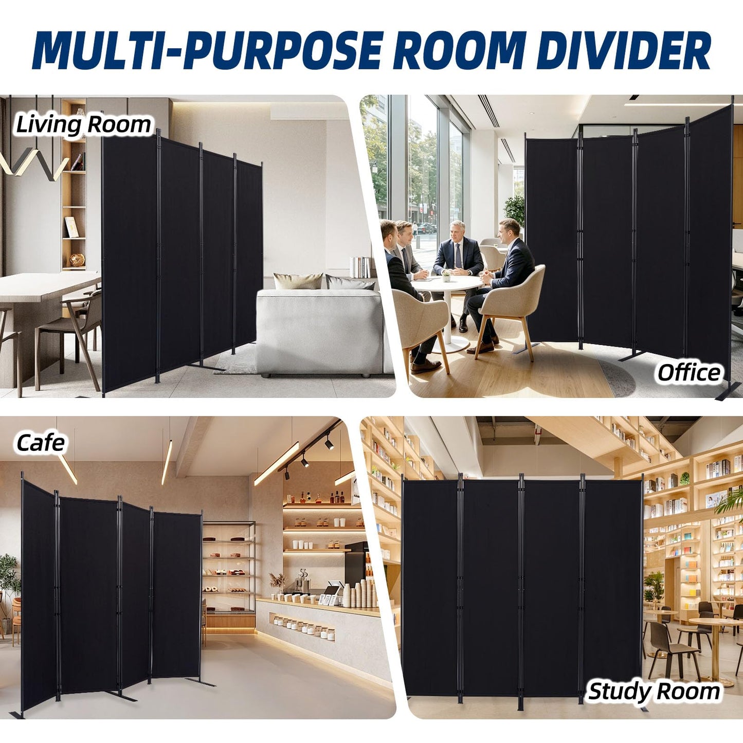 Room Divider and Folding Privacy Screens, Wide Room Divider Wall Screen for Room Separtition, Partition Room Dividers Fabric Panel Wall Dividers Freestanding for Office (Black, 4 Panel-88'' Wide)