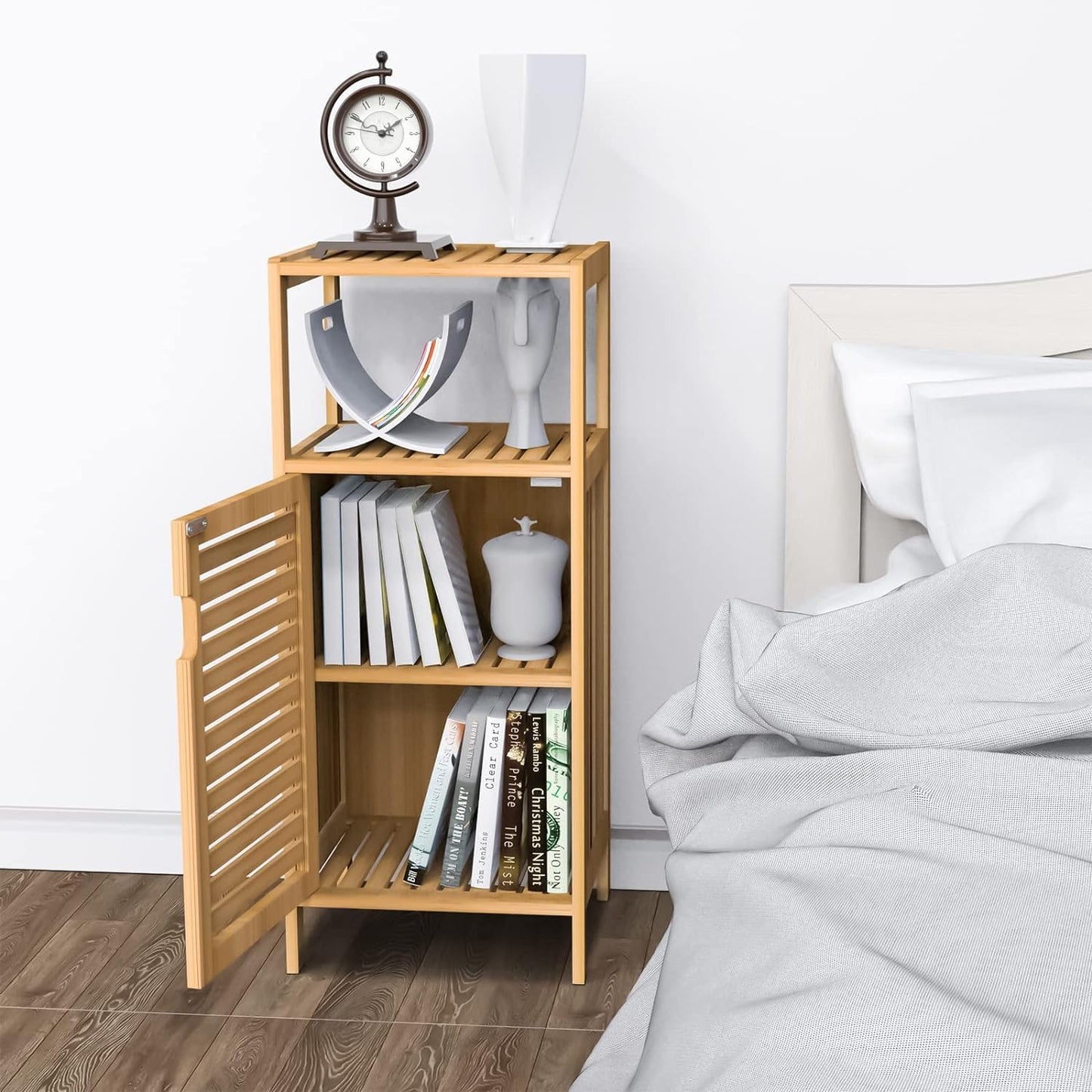 FoverOne Bathroom Bamboo Storage Cabinet, Freestanding Floor Cabinet with Door and Shelf for Bathroom, Living Room, Bedroom, Hallway, Kitchen
