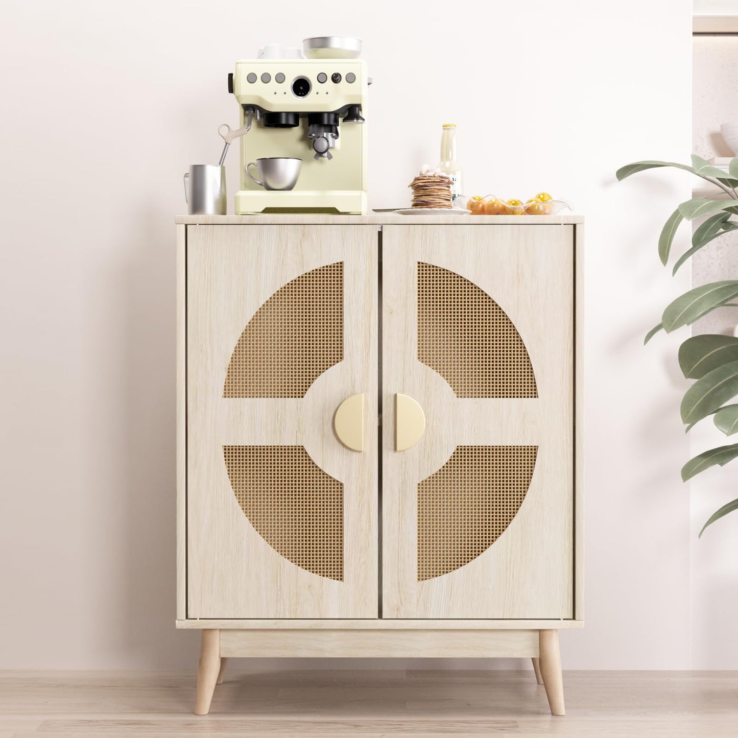 TOOBVEST Buffet Cabinet with Storage Sideboard Accent Modern Credenza with Doors & Shelves 32.9" Rattan Media Console Mid Century Coffee Bar Table for Living Room Kitchen Dining Room Hallway