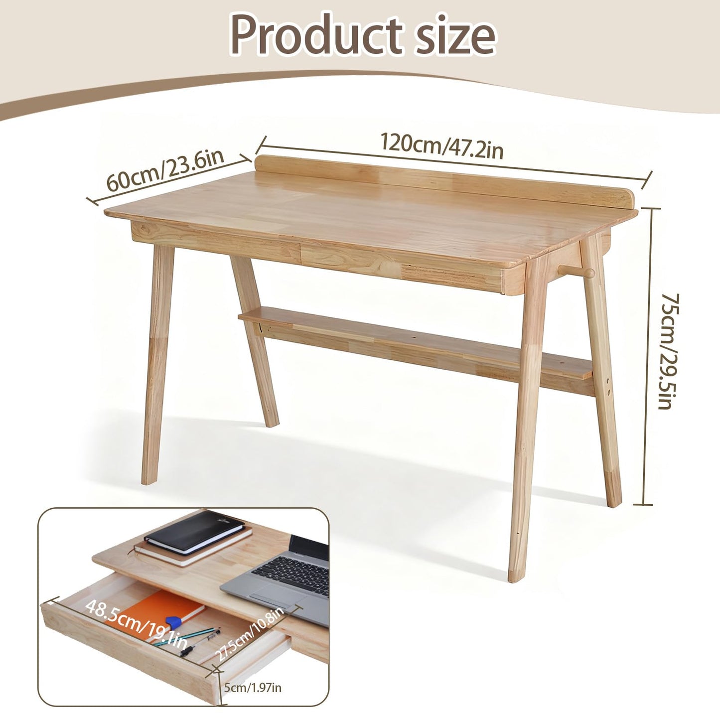 Homxzioa Mid-Century Modern 100% Solid Wood Writing Desk, 47" Rubberwood Home Office Computer Table & Workstation Desk with 2 Drawers, Lower Shelf & Side Hooks, 350 lbs Load, Laptop Desk