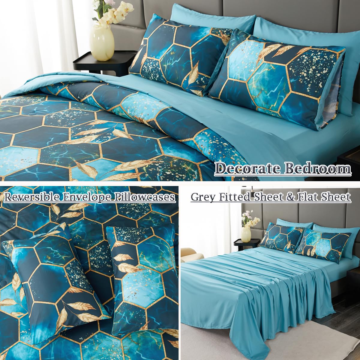 ZRNBAST Teal Bed in A Bag Queen Size 7 Pieces Geometric Bedding Set Honeycomb Queen Comforter Set with Sheets with Gold Trim Hexagon Print (Teal, Queen)