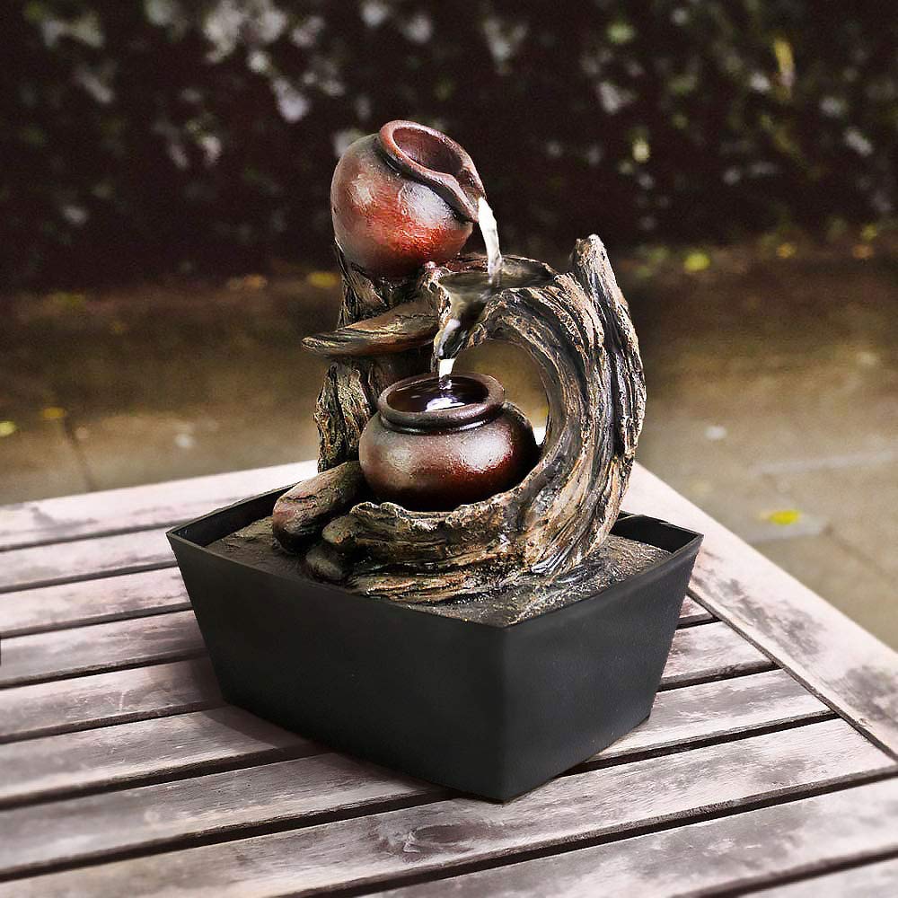 Ferrisland Tabletop Water Fountain Indoor - Tree Trunk with Jar Rustic Fountains Small Feng Shui Zen Waterfall Fountain W/LED Light & Soothing Sounds for Office Home Desktop Decor (Brown)