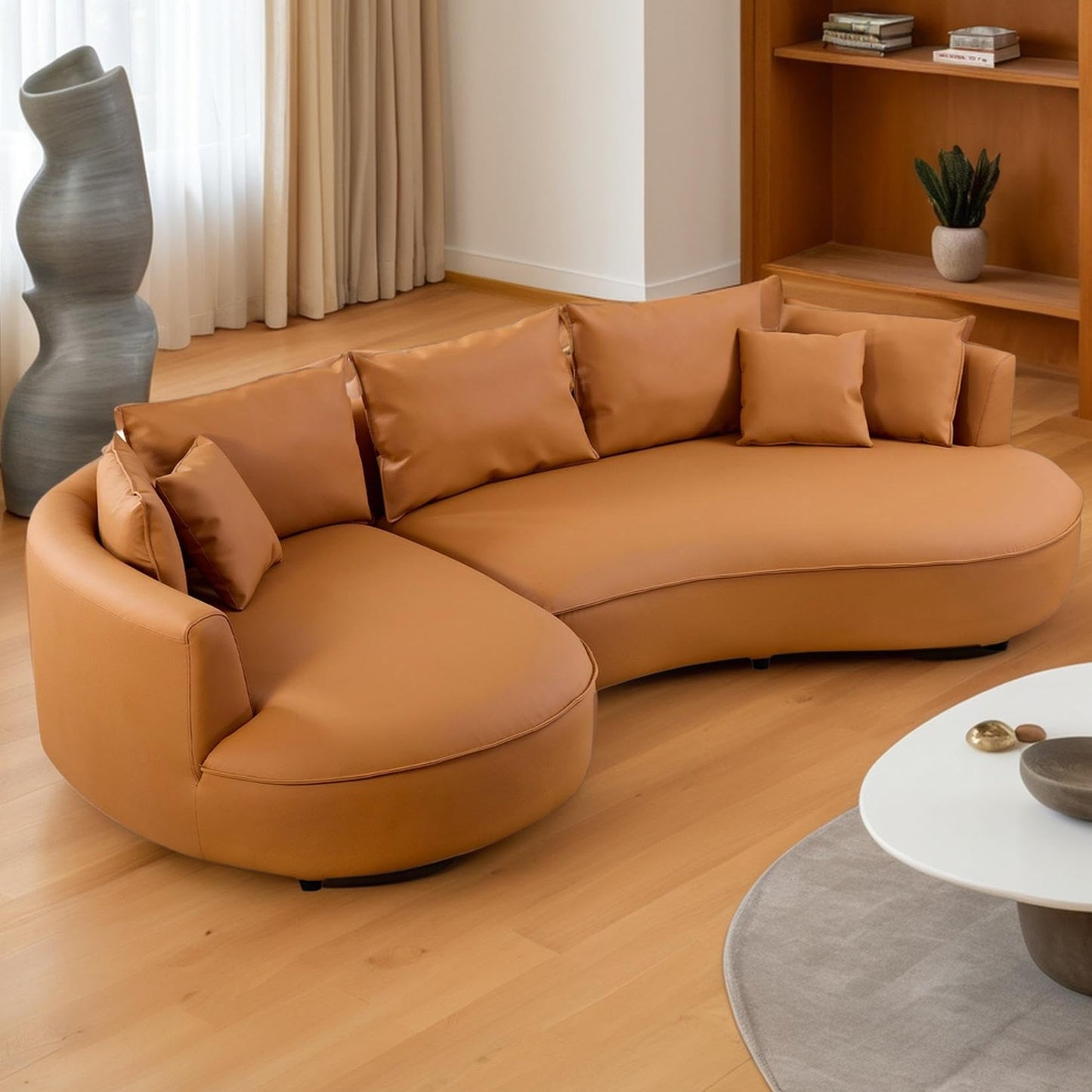 BBTJOINT Modern Curved Sofa for Living Room,Bonded Leather Upholstered Sectional,L-Shaped Round Couch with semicircualr Left Chaise Orange