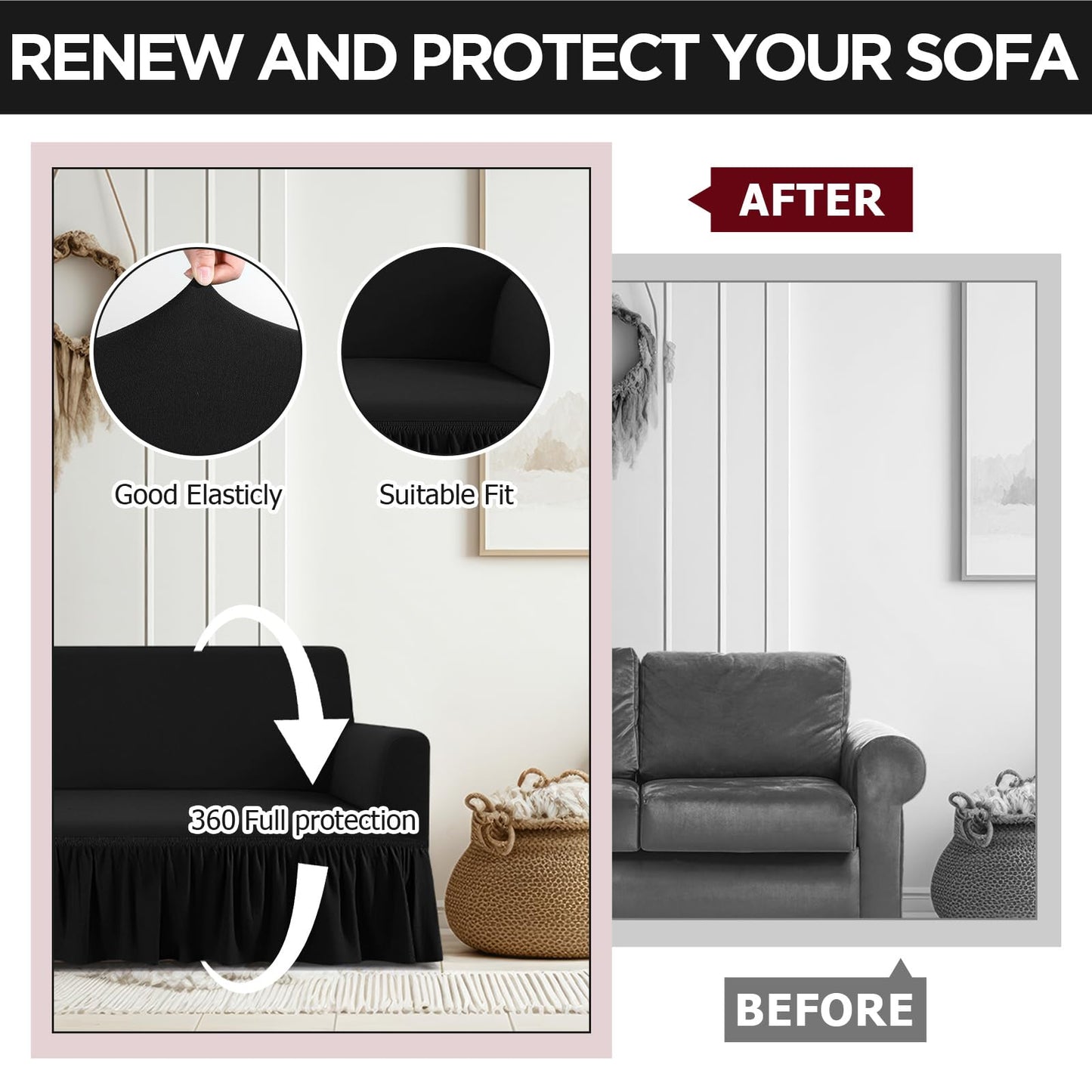 Fanfanwin 3 Pcs Sofa Slipcover Set for Couch Cushion Durable Washable High Elastic Stretchable Furniture Couch Covers with Skirt for Sofa Loveseat Arm Chair(Black,Milk Silk)