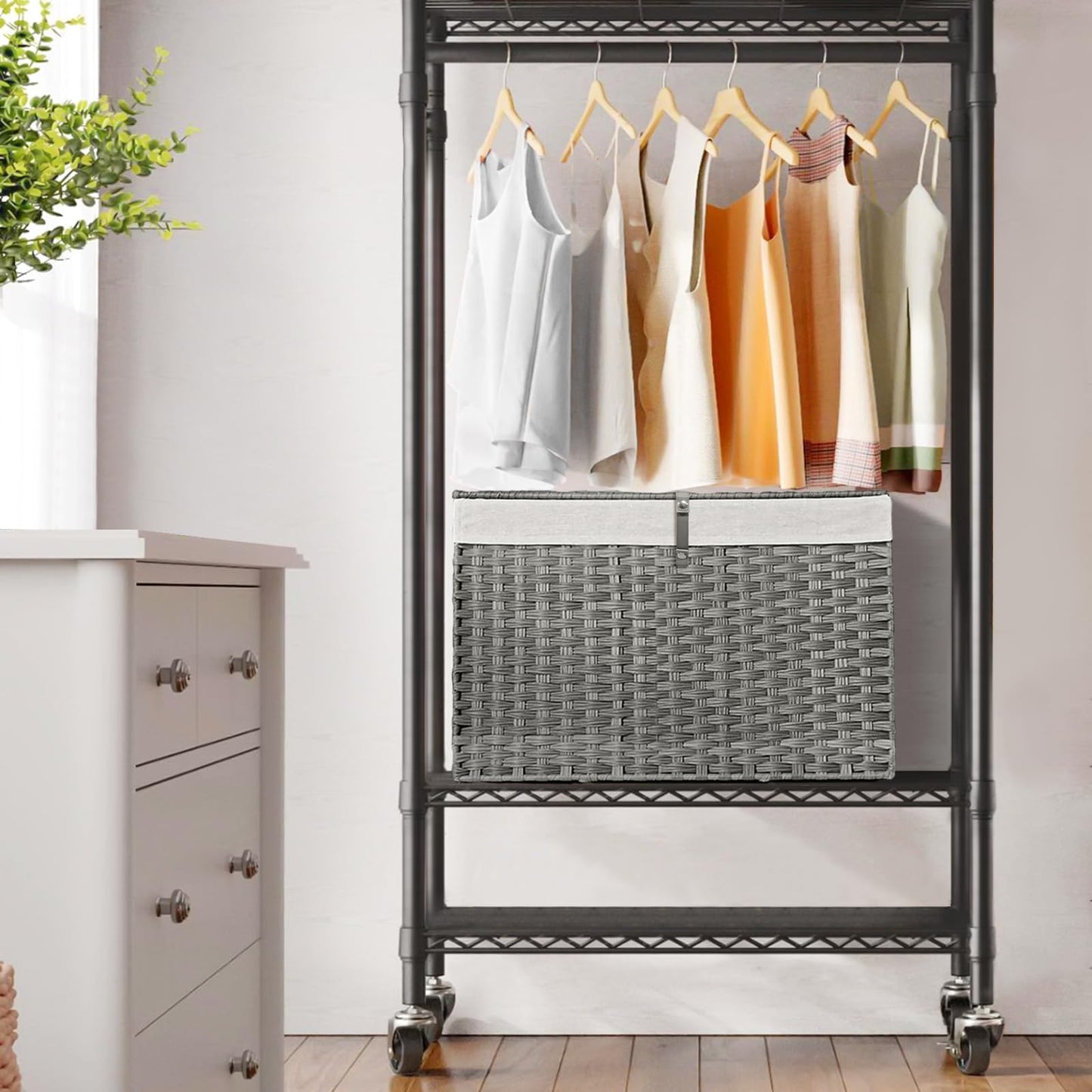 180L Wicker Storage Basket with Lid, Handwoven Rattan Large Shelf Basket with Removable Liner, 47.6 Gallon Wicker Basket for Blanket, Storage Trunk with Handle for Closet, Bedroom, Livingroom, Grey