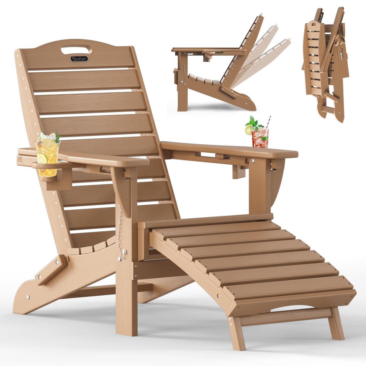 SUUNYN Folding Adirondack Chair with Retractable Ottoman Weather Resistant Fire Pit Chair Patio Chair with 2 Cup Holder Lawn Outdoor Lounge Chair (Teak)