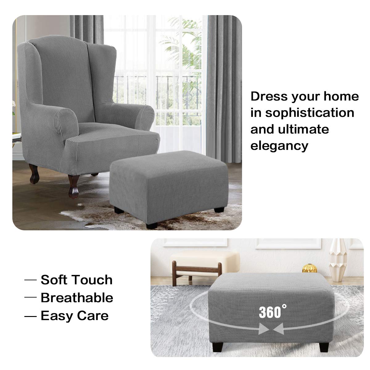 H.VERSAILTEX Ottoman Cover Slipcover Rectangle Fit Length 29"-34" Footrest Sofa Slipcovers Stool Cover Footstool Protector Covers Feature Stretch Thick Soft Jacquard Fabric Removable Washable - Dove