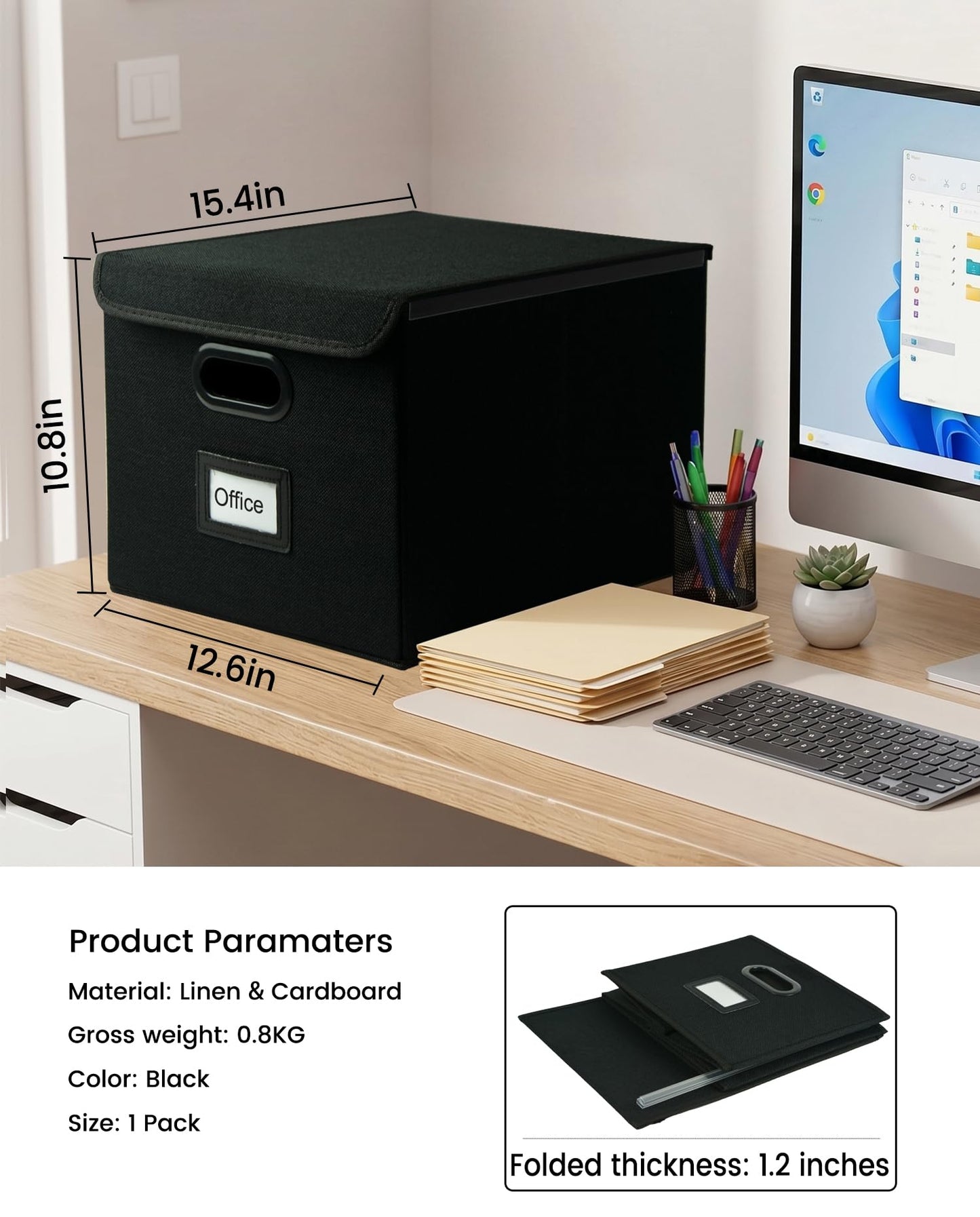 Qerlei File Organizer Boxes with Lids,Collapsible File Folder Organizer with Plastic Slide,Collapsible Filing & Storage Boxes for Office/Decor/Home (Black, 1 Pack)