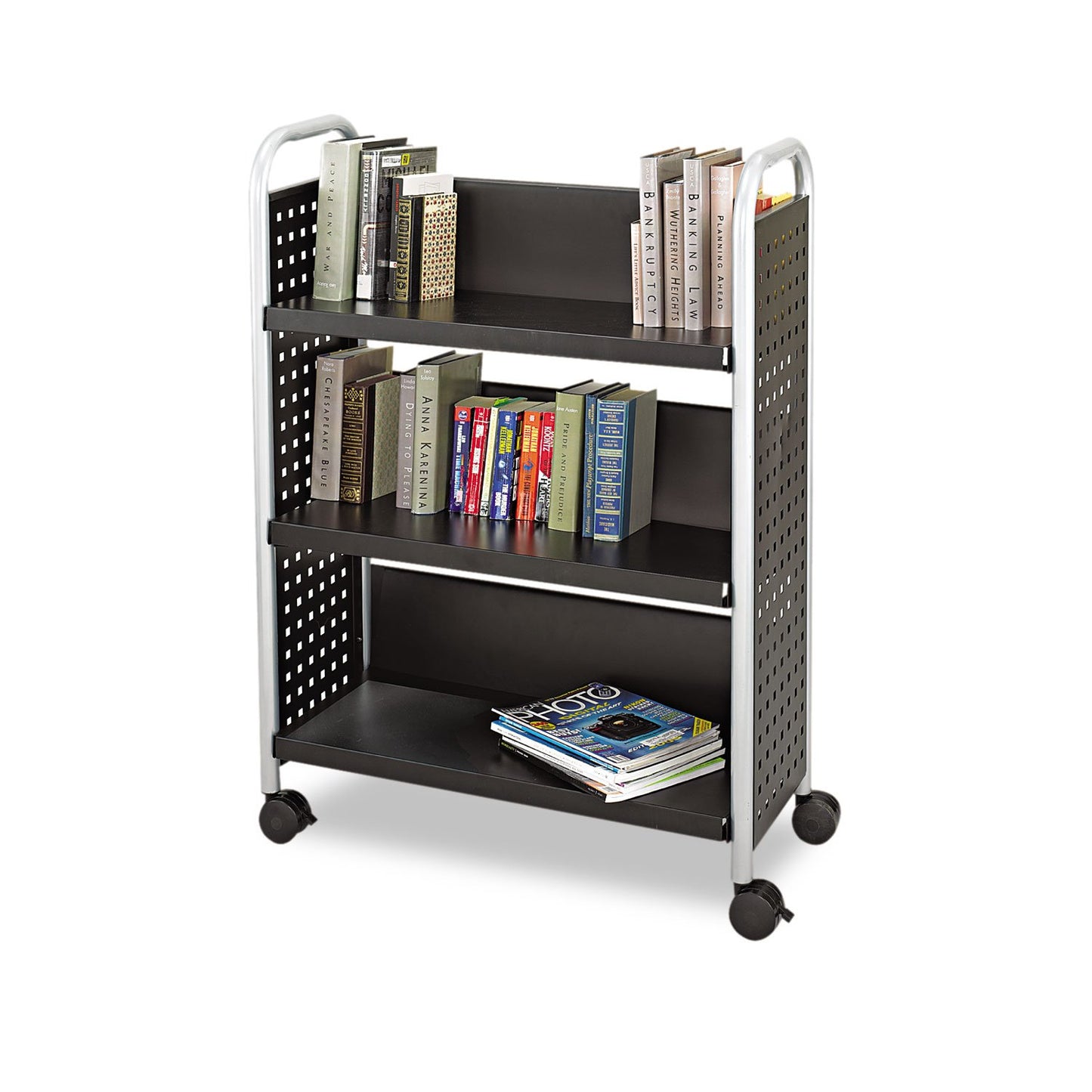 Safco Scoot Single-Sided Book Cart 5336BL Black, Swivel Wheels, 3 Slanted Shelves