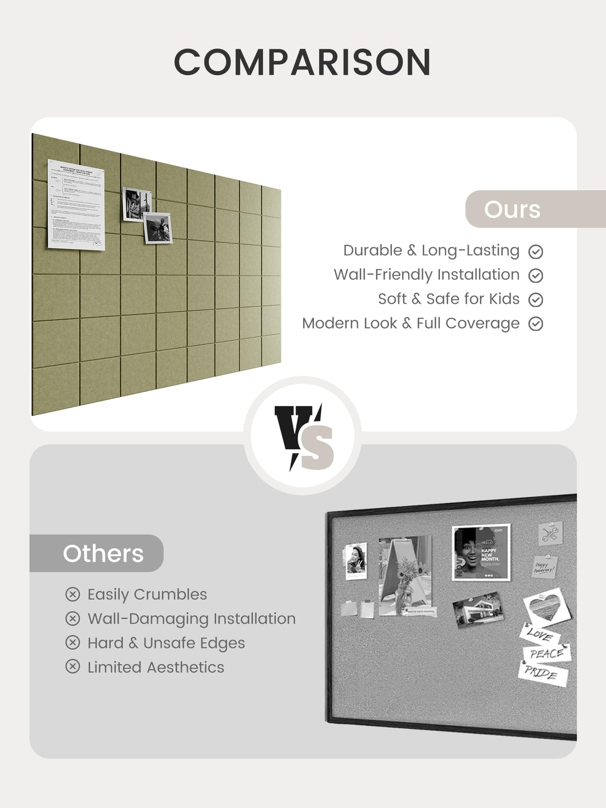 Bumusty Large Felt Bulletin Board, 48" x 36" Cork Board Alternative, 12-Pack Wall Tiles with 4-Compartment Design, 30 Push Pins, 70 Adhesive Tabs, Ideal for Office & Home Decor, Olive Green