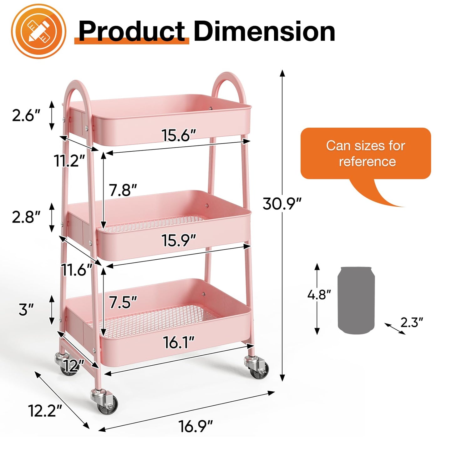 NEWBULIG 3-Tier Metal Rolling Cart with Lockable Wheels, Heavy Duty Mobile Utility Storage Shelf, Roller Book Snack Cart, Organization for Livingroom, Bathroom, Office, Pink