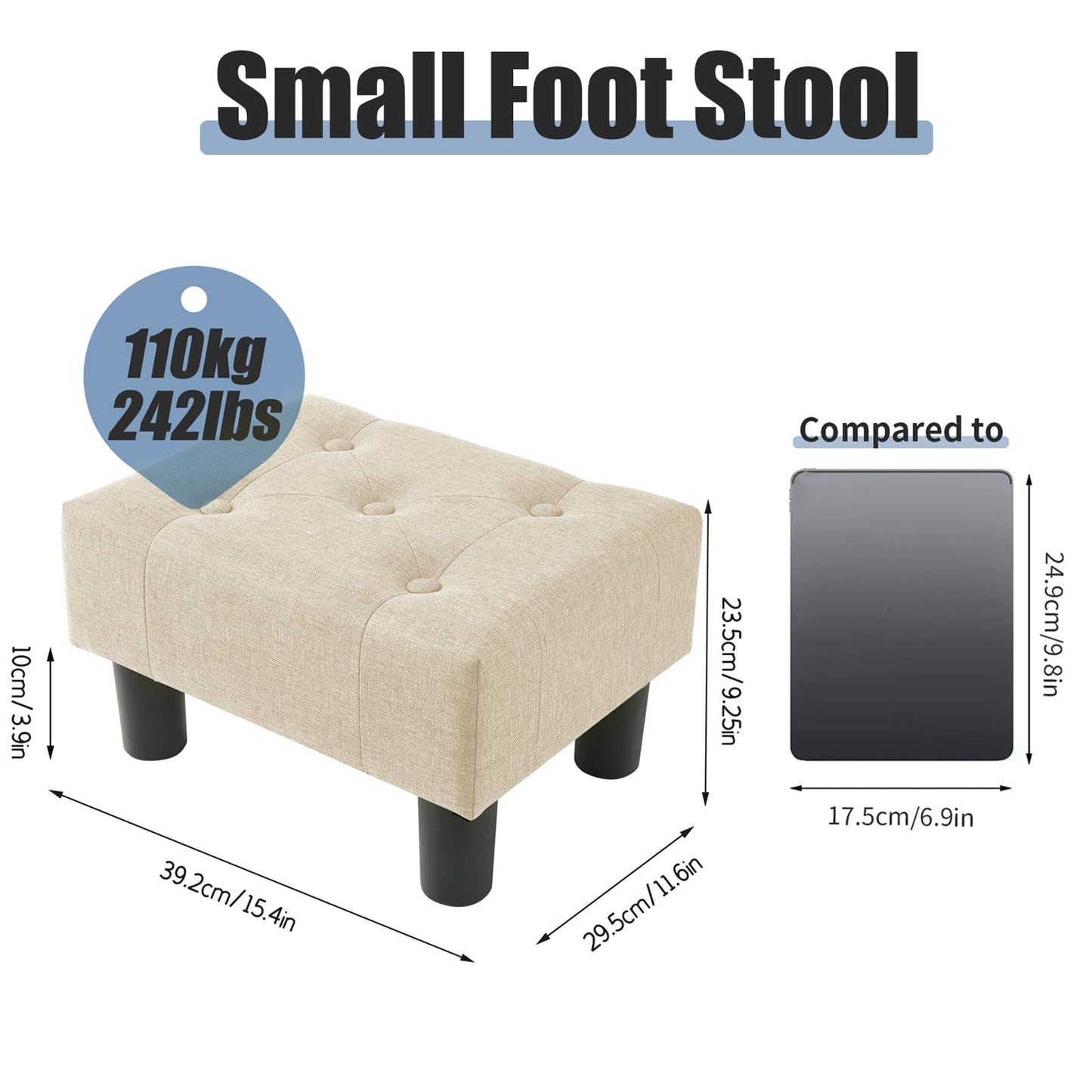 BRIAN & DANY Small Foot Stool, Linen Foot Stools with Legs, Stable Small Footstool for Living Room, Beige