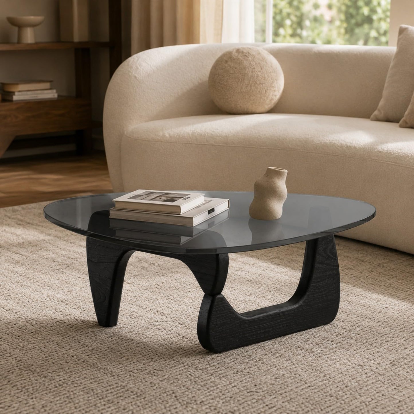 QHRAY Modern Glass Coffee Table, Black Wood Grain Base, Gray Tempered Glass Top, 32" Center Table, Black Coffee Table for Living Room Apartment Office Lounge Reception Bedroom