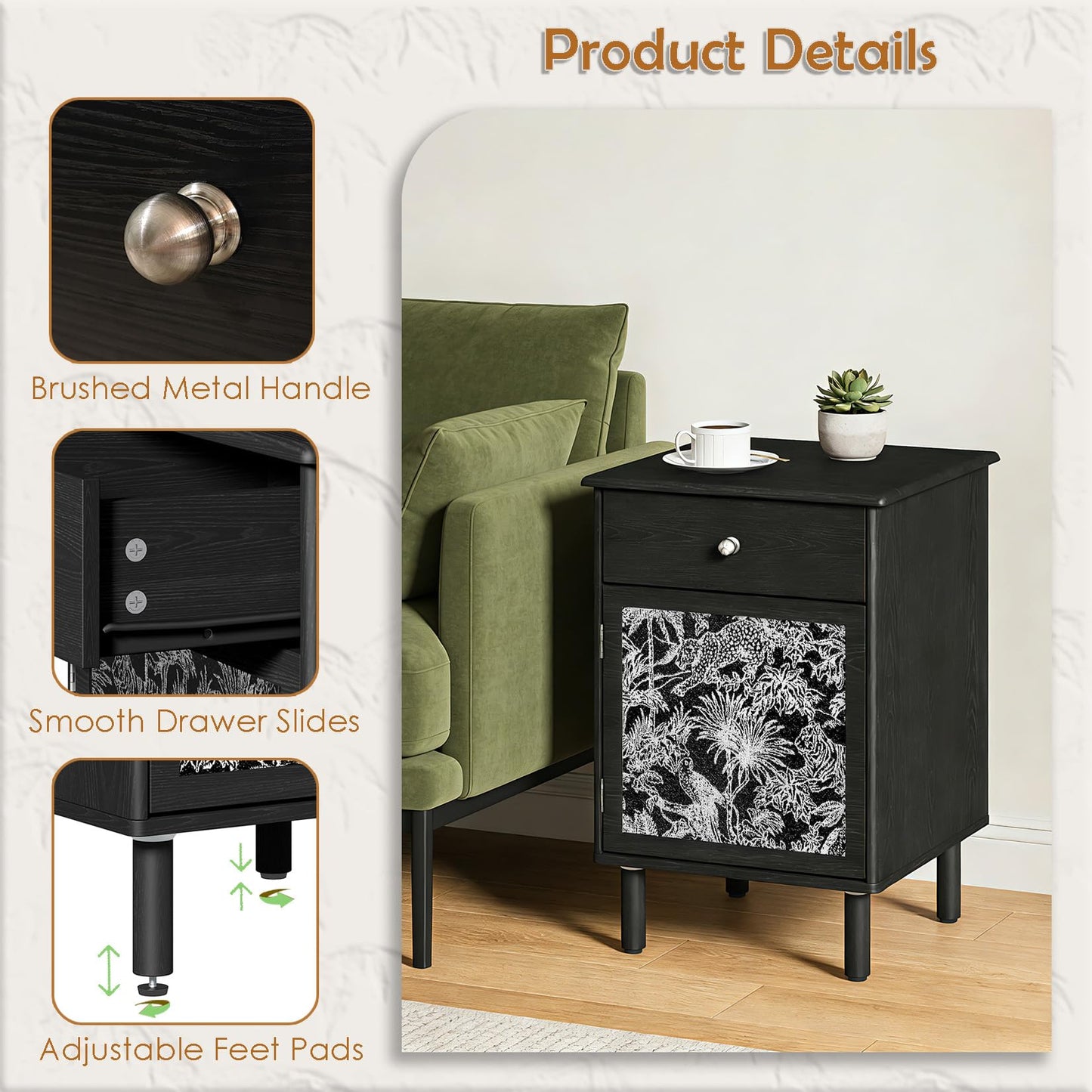 DAELIFKER Black Wood Mid-Century Modern Nightstand, Bedside Table with Drawer and Cabinet, Vintage Wooden Side Table with Storage for Bedroom Living Room, 16"x16"x24"