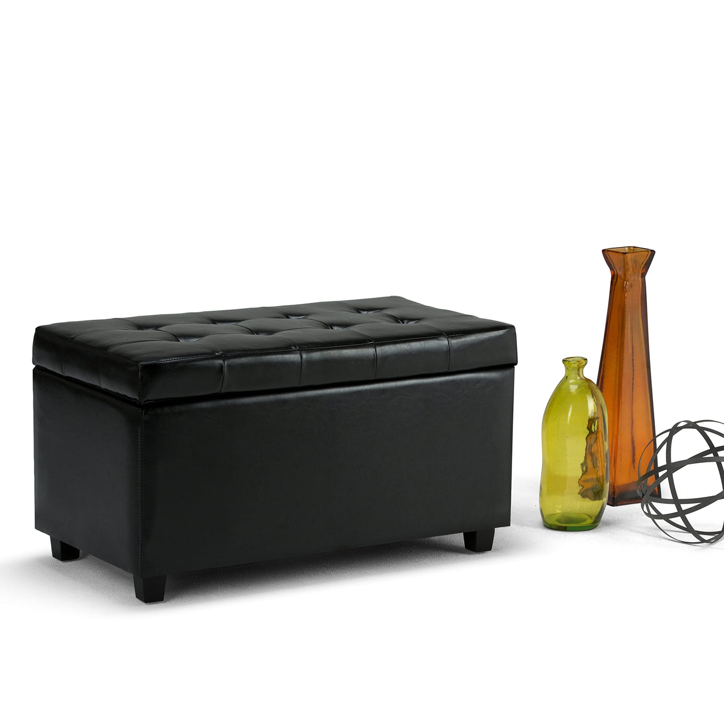 SIMPLIHOME Cosmopolitan Storage Ottoman - 34 inch Wide Upholstered Vegan Leather Rectangle Storage Ottoman Bench in Midnight Black, Transitional Tufted Ottoman for Living Room with Lift-Up Lid