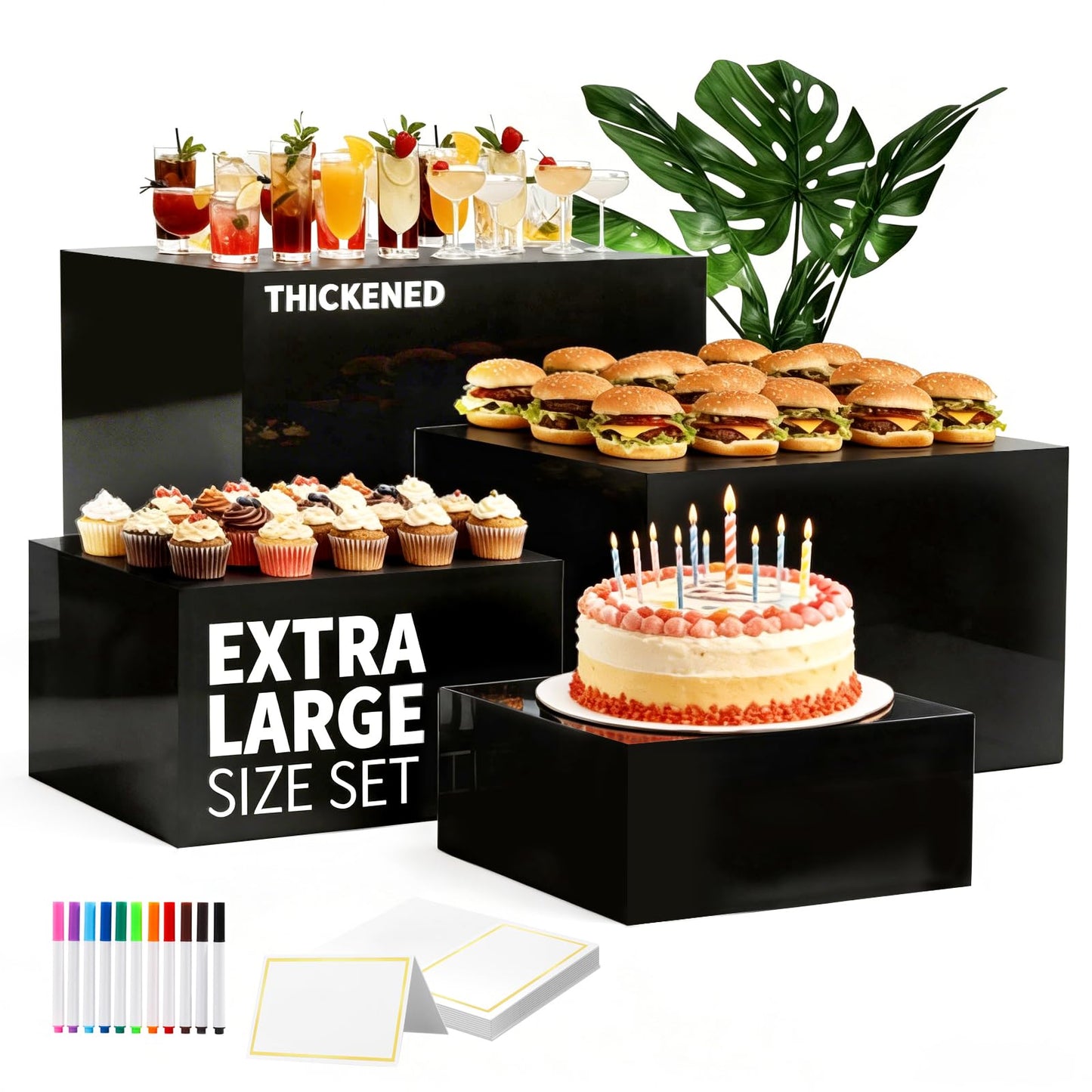 DRKSBESTO 13.8" Extra Large White Risers, Large Size Acrylic Cube Display Nesting Risers, Food risers for buffet table, Black Risers for Catering Dessert Collectibles Jewelry Figures Show