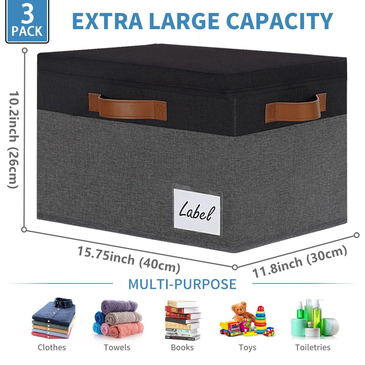 GhvyenntteS Extra Large Storage Bins with Lids, Foldable Fabric Storage Boxes with Lids and Handles, Storage Baskets with Lid and Label for Home Office (3 Pack, Grey&Black, 15.75" x 11.8" x 10.2")