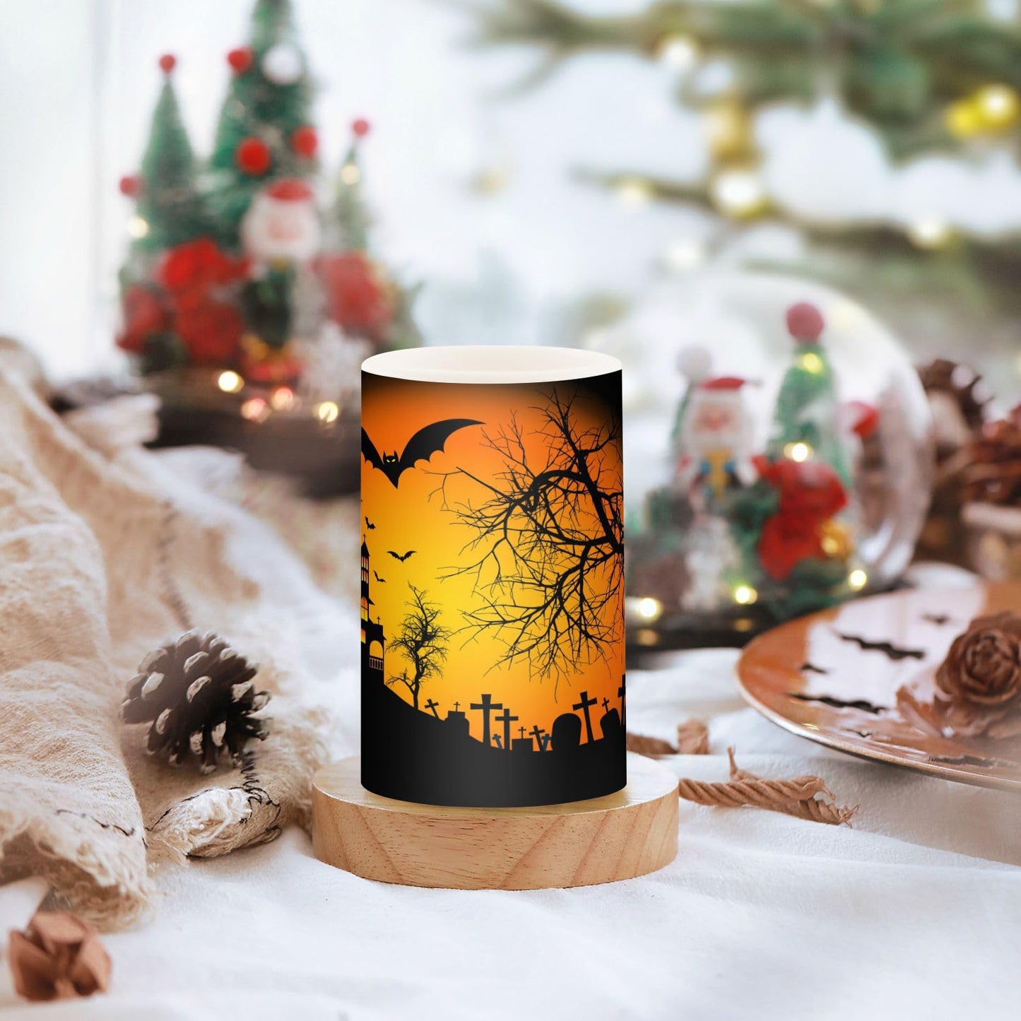 ALAZA Orange Halloween Castle Bat Flickering Flameless Candles Battery Operated with Remote Timer,Tea Light Candles LED Pillar Votive Candles Set of 2 for Outdoor Indoor Decorations 14