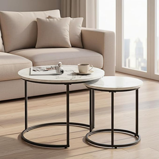 Round Nesting Coffee Table Set of 2, Modern Marble Pattern Wooden Nesting Tables