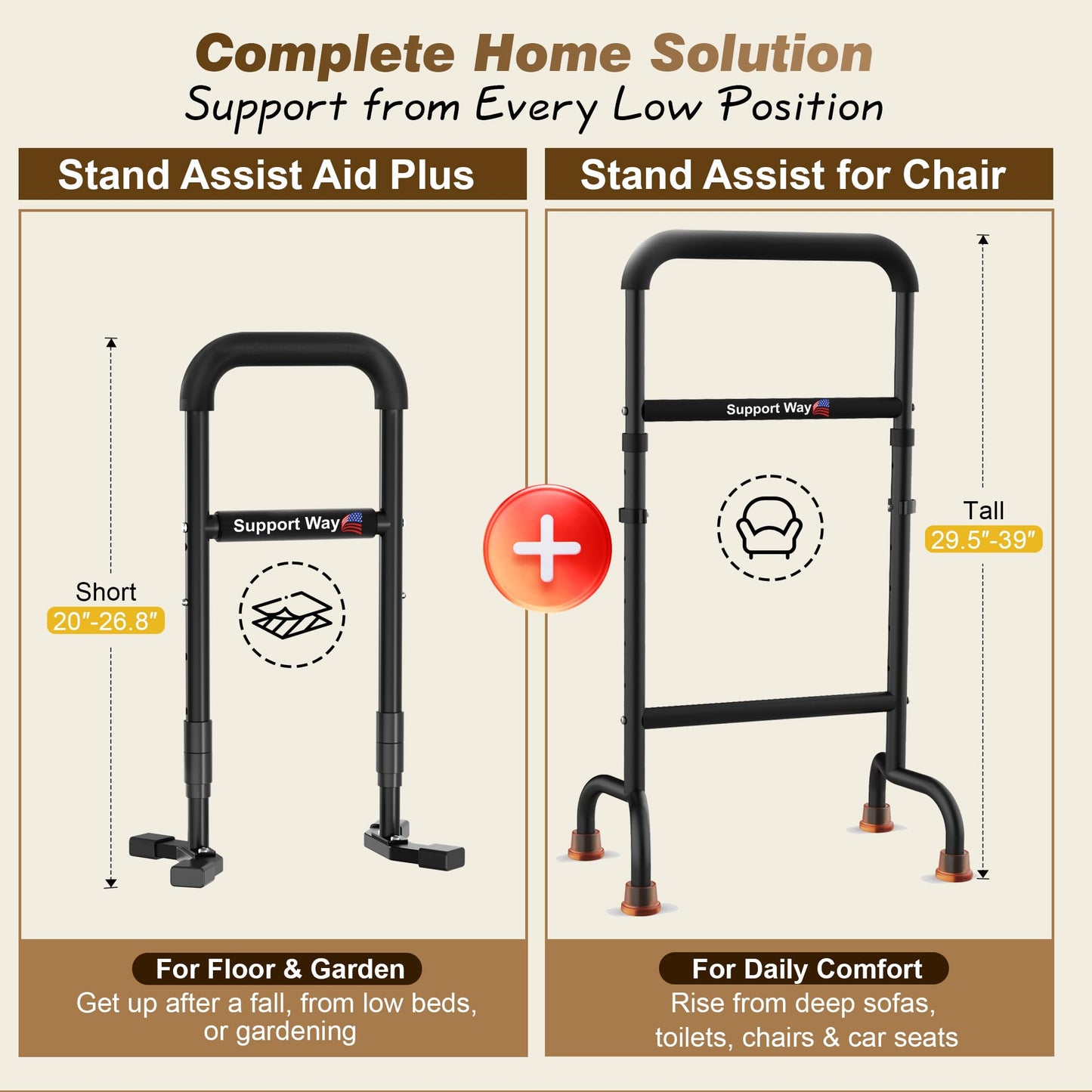 2-in-1 Stand Assist Aid Combo – Adjustable Standing Support for Seniors (20-26.8" Cane & Heavy-Duty Couch Riser), Lift Assist Device for Getting Up from Floor, Kneeling, Low Seats, or Sofa, Supports 4