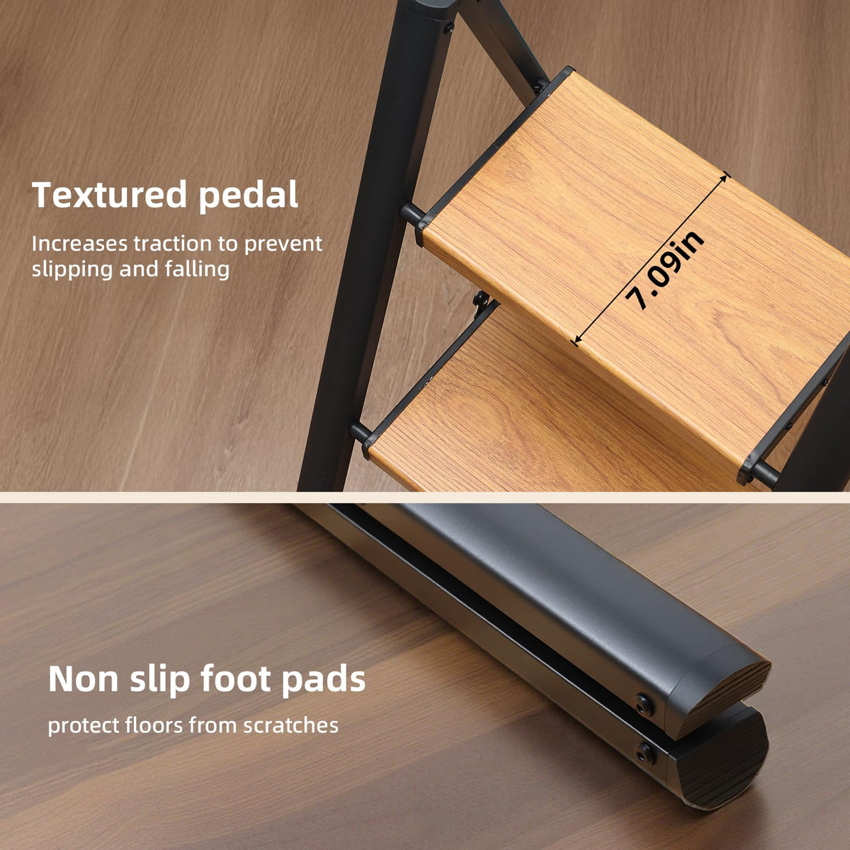 SOLADDER 3 Step Ladder, Anti-Slip and Lightweight Foldable Step Stool for Adults & Kids to Use in Kitchen, Closet and Library, 300lbs(Black&Woodgrain)