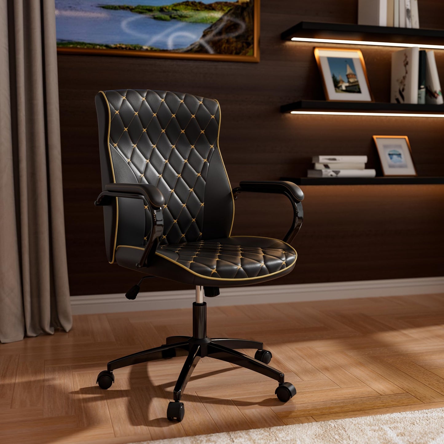 HomeZeer Black Office Chair with Soft Leather Embroidery, Mid Back Vintage Swivel Executive Desk Chair with Wheels and Padded Arms, Adjustable Height