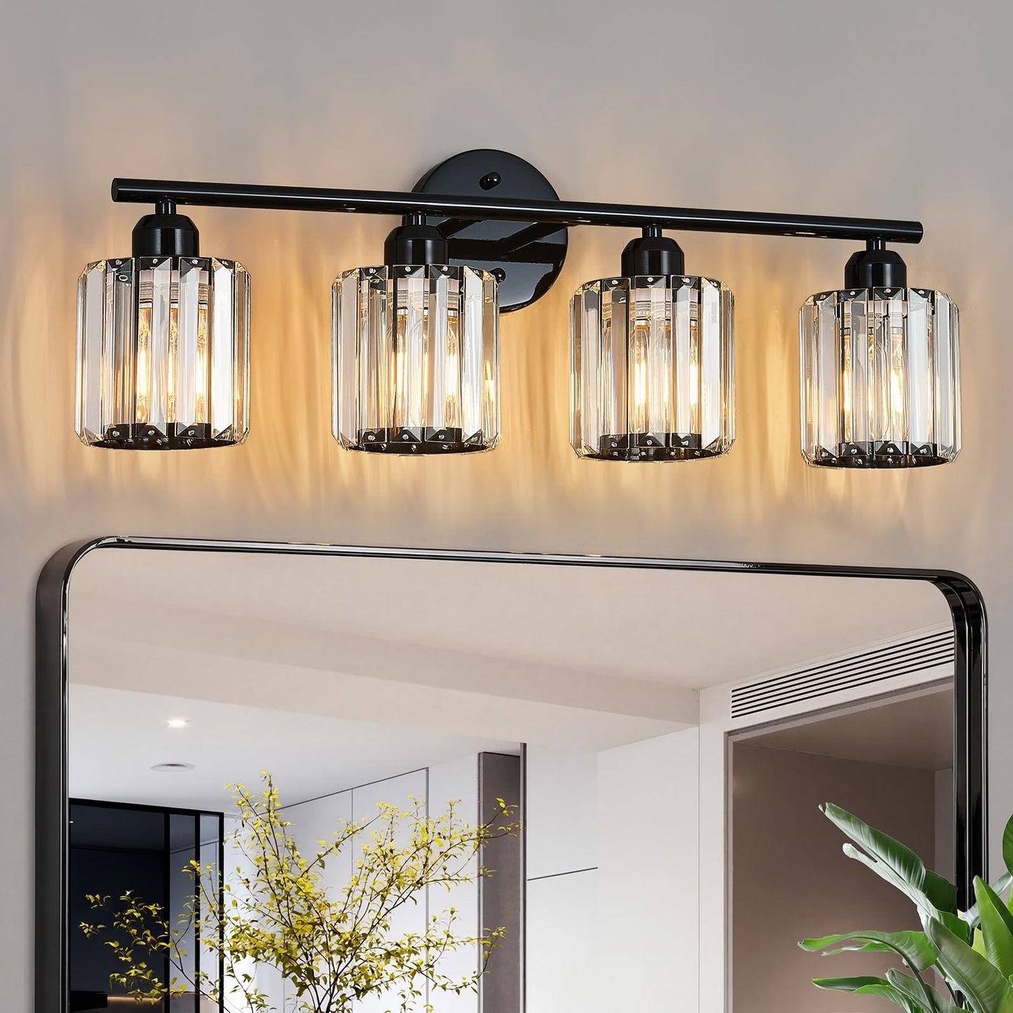 FDPBY Modern 4 Light Crystal Vanity Light, Plating Black Vertical Bathroom Light Fixture Over Mirror for Dressing Table Sink, Compatible with Dimmable Bulbs (Bulbs Not Included)