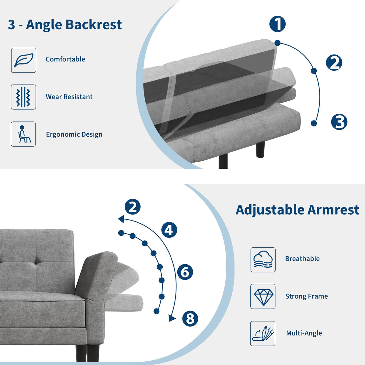 89" Futon Sofa Bed, Modern Sleeper Couch with Adjustable Backrest & Armrest, Convertible Couch Bed with Deep Seat for Living Room Bedroom, Apartments
