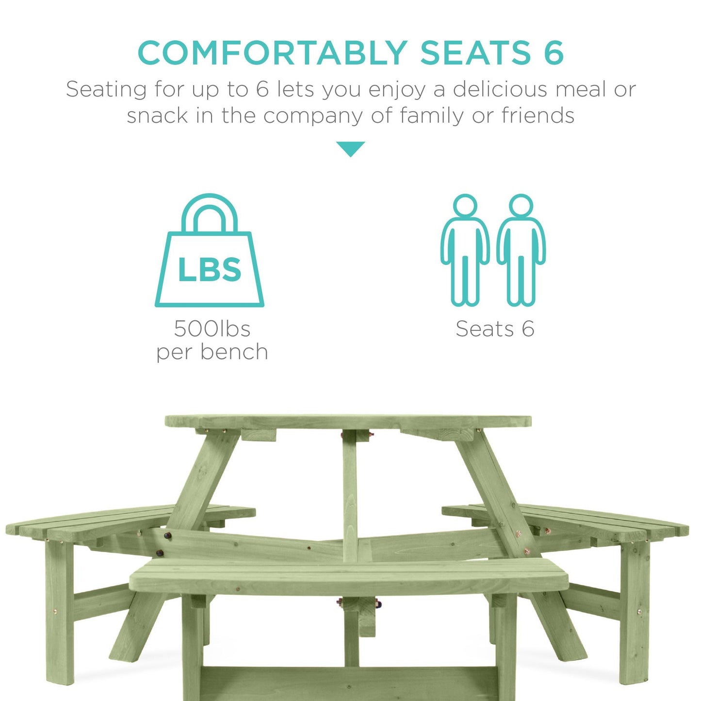Best Choice Products 6-Person Circular Outdoor Wooden Picnic Table for Patio, Backyard, Garden, DIY w/ 3 Built-in Benches, 500lb Capacity - Sage Green