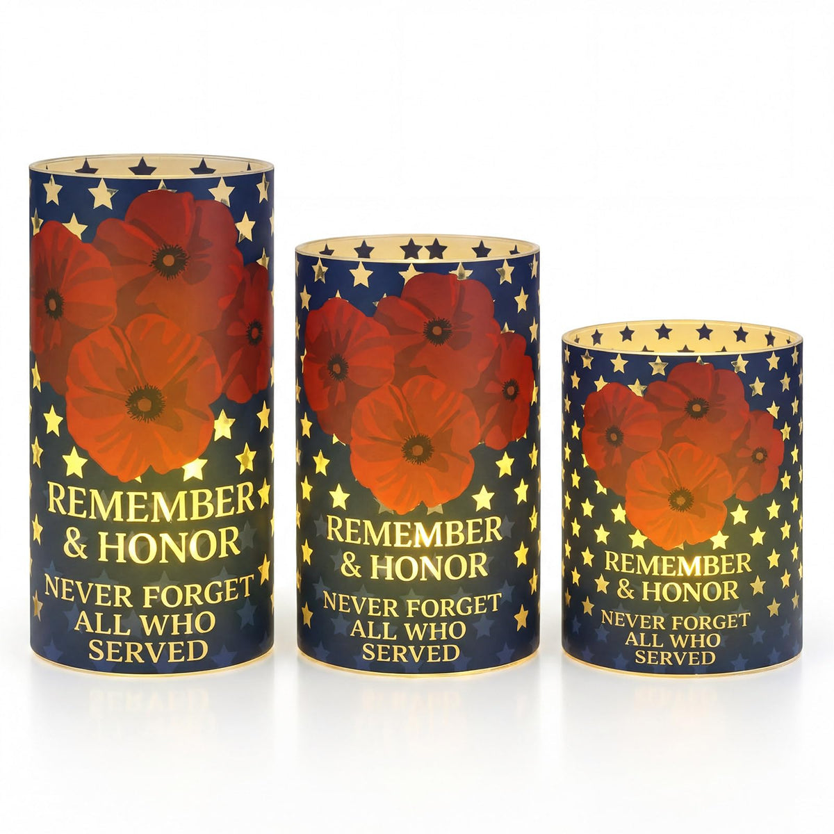 Baquler 3 Set Patriotic Flameless Candles White Red Blue Lampshade with LED Tea Lights Star Poppy Flower Candle Decorations for Independence 4th of July Veterans Day Tabletop Home Decor