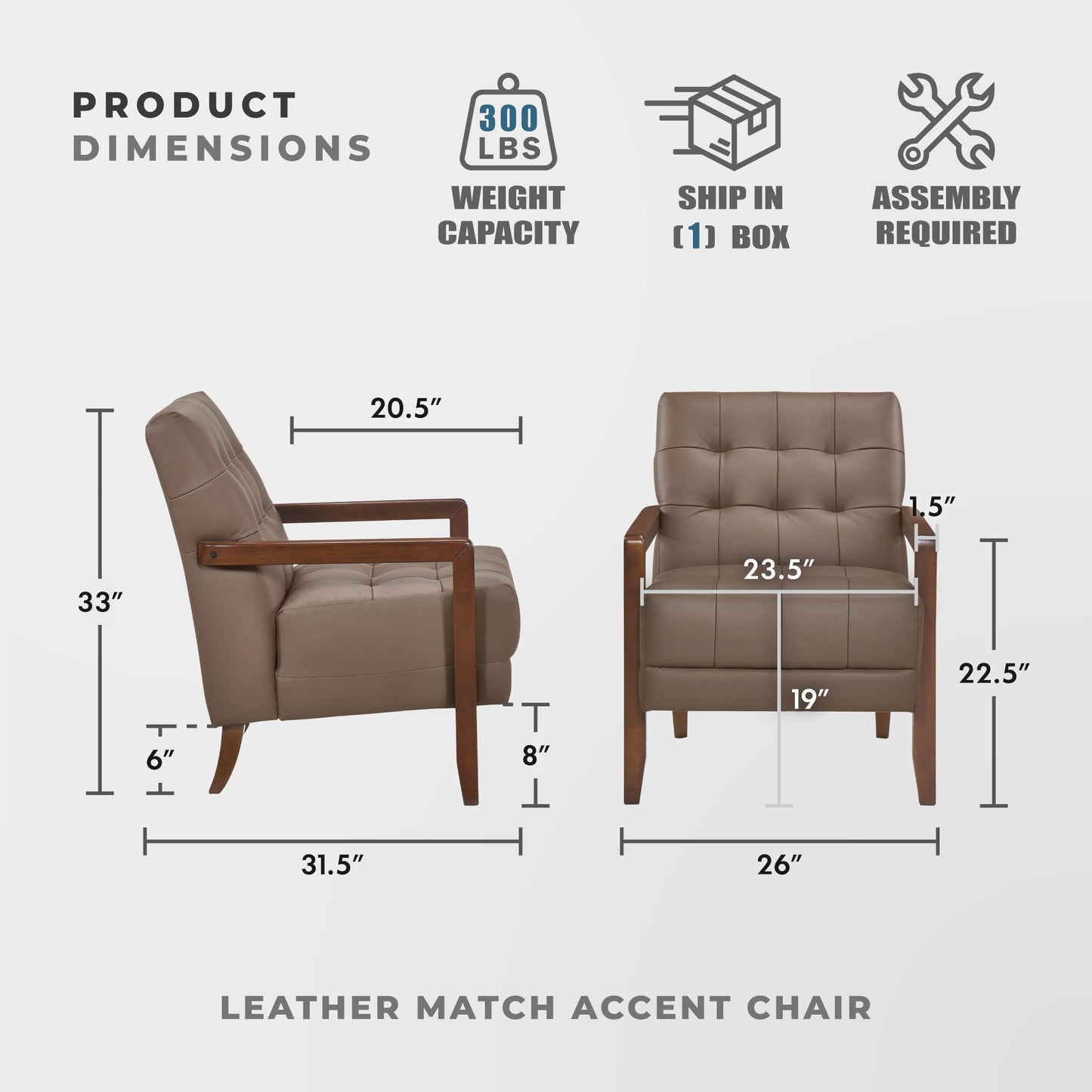Lexicon Modern Accent Chair, Luxury Genuine Leather Match Living Room Chair with Tufted Cushions, Solid Wood Frame and Arm Rest, Comfy Upholstered Single Seat for Bedroom/Reading/Office, Brown