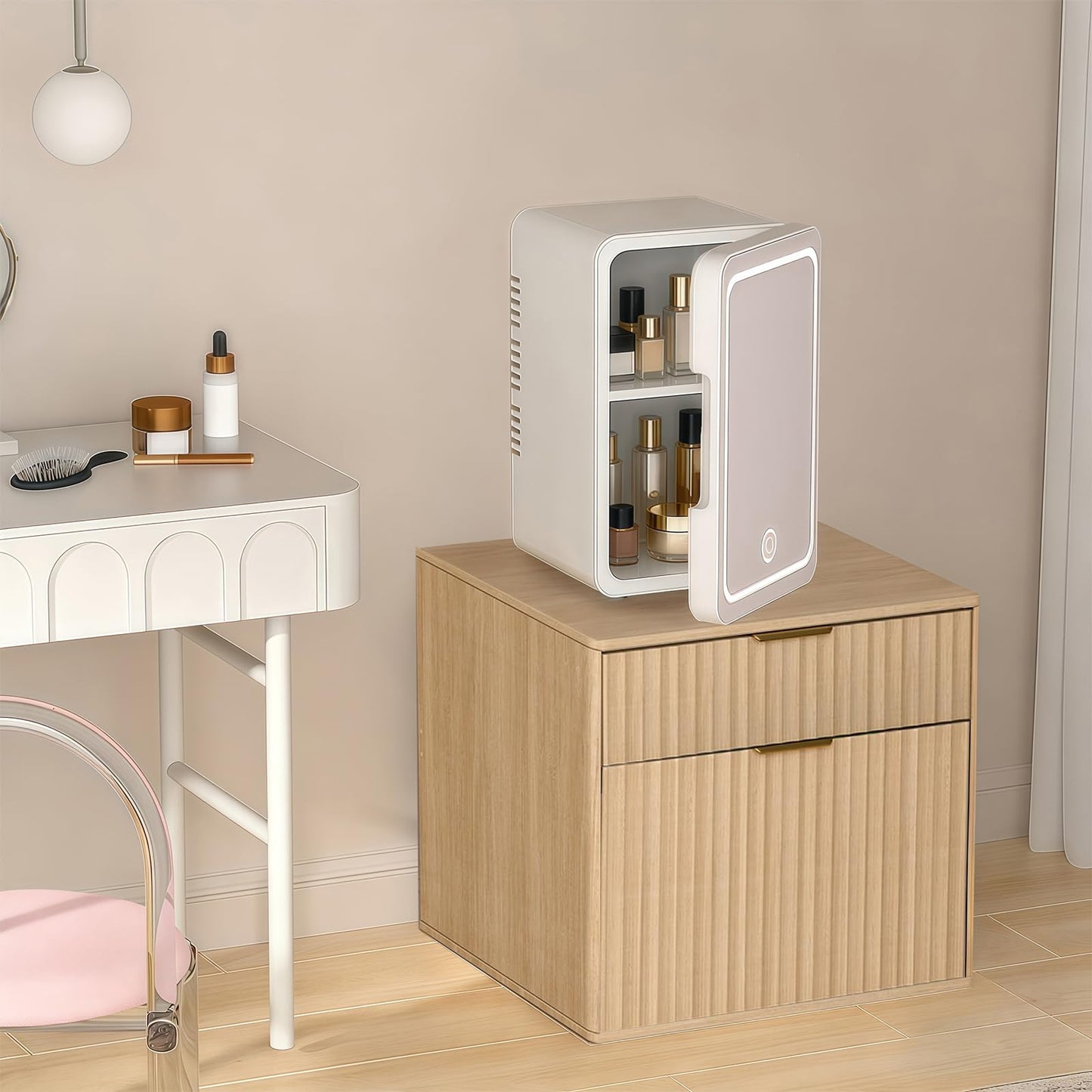 Aruood Mini Fridge Stand with Storage，Small Refrigerator Stand with Wooden，Mini Fridge Table with Drawer for Dorm, Apartment, Office, Bedroom，Hold 300LBS, Light Oak