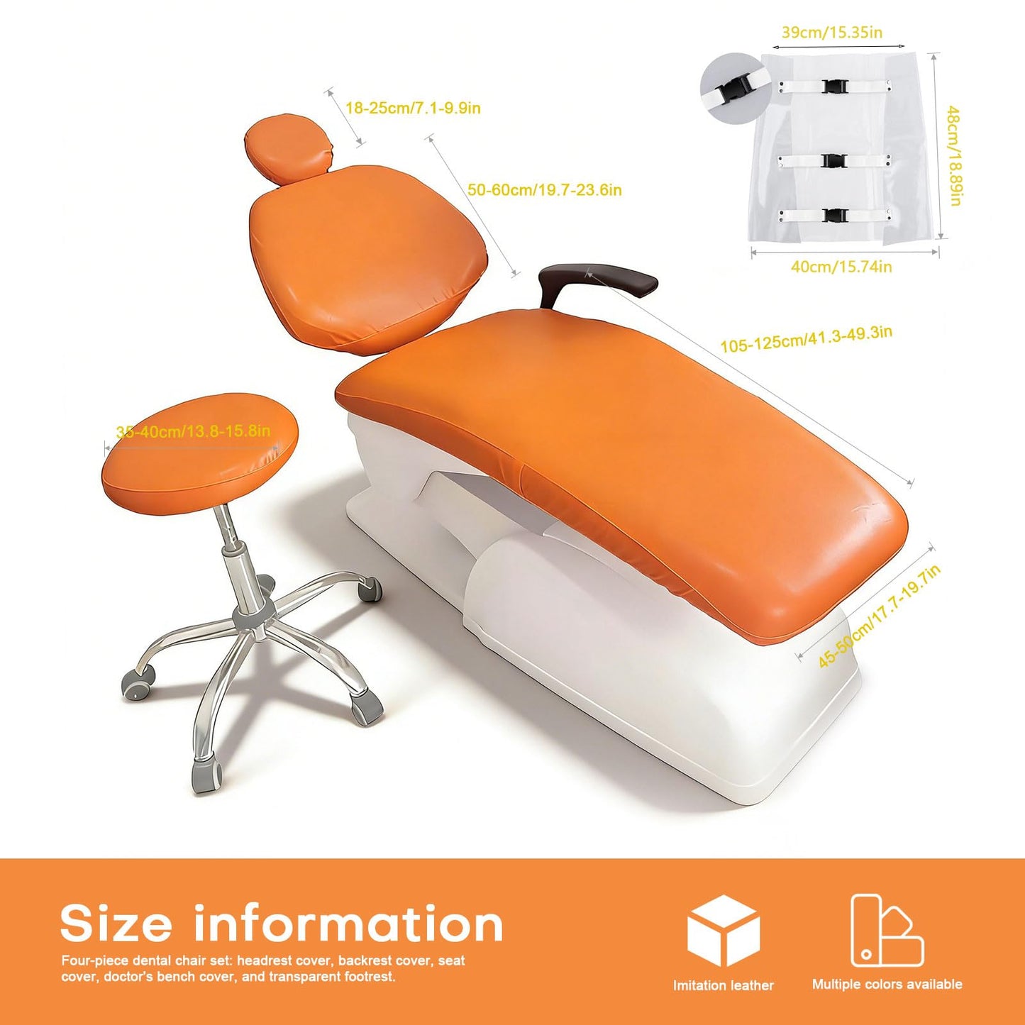 buyzg 5Pcs Dental Chair Covers Set - Waterproof & Non-Slip PU Leather Elastic Full Covers with Foot, Seat, Headrest & Backrest Protectors for Dental Clinic Chairs(Orange)