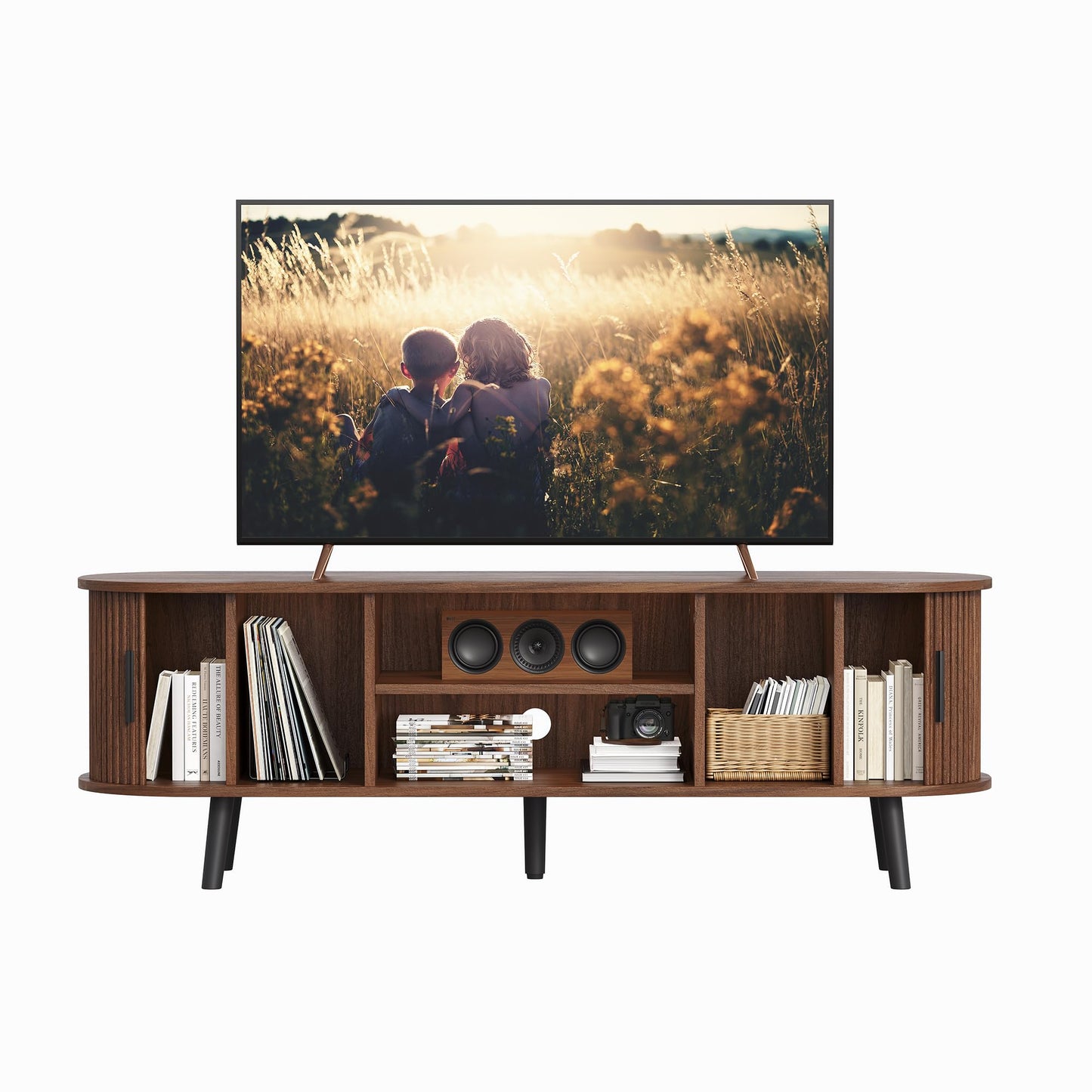 ChooChoo Mid Century Modern TV Stand for TVs up to 60 Inch, Entertainment Center with Fluted Sliding Doors and Hidden Storage, TV Console with Adjustable Shelf for Living Room, Bedroom, Walnut