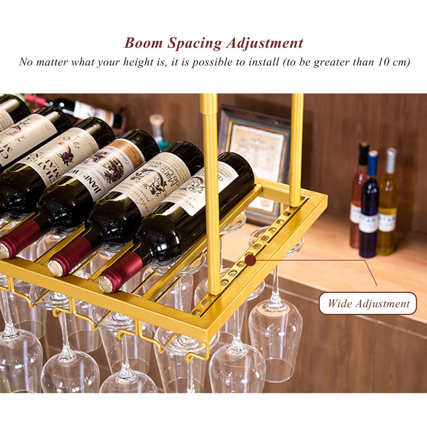 Wine Rack Wine Shelf Hanging - Height Adjustable Hanging Ceiling Wine Bottle Holder with Glass Holder Ceiling Shelf for Bar Cafe Kitchen - Gold